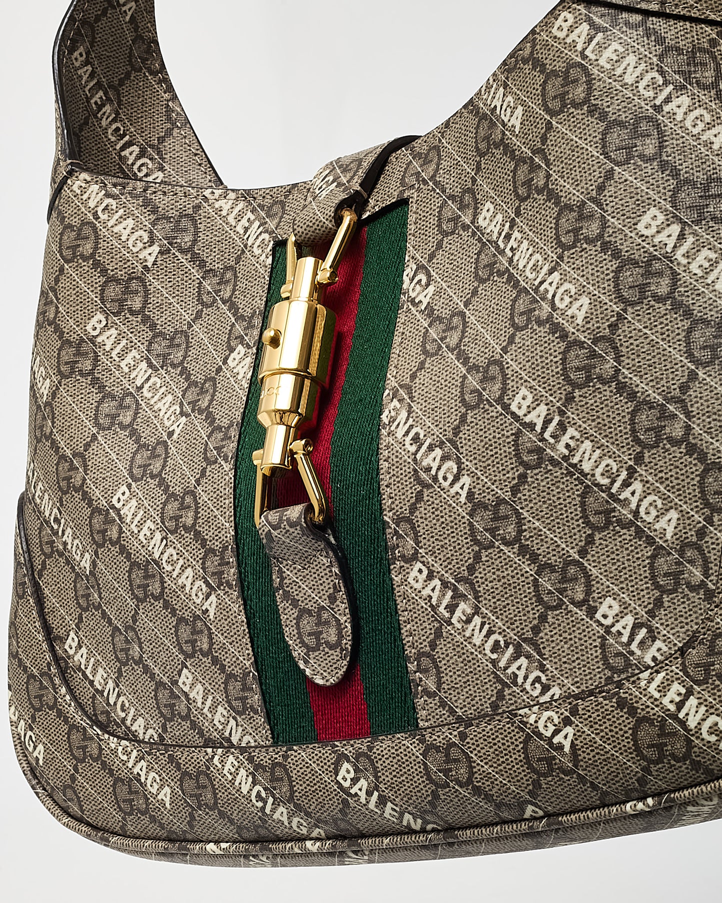 Gucci x Balenciaga GG Monogram Striped Logo Print Coated Canvas Web Small Jackie 1961 Hobo Bag