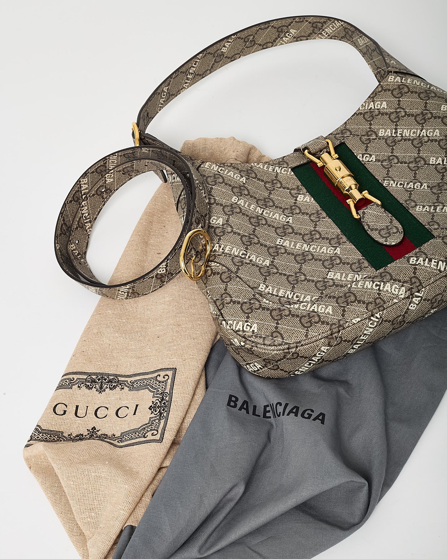 Gucci x Balenciaga GG Monogram Striped Logo Print Coated Canvas Web Small Jackie 1961 Hobo Bag