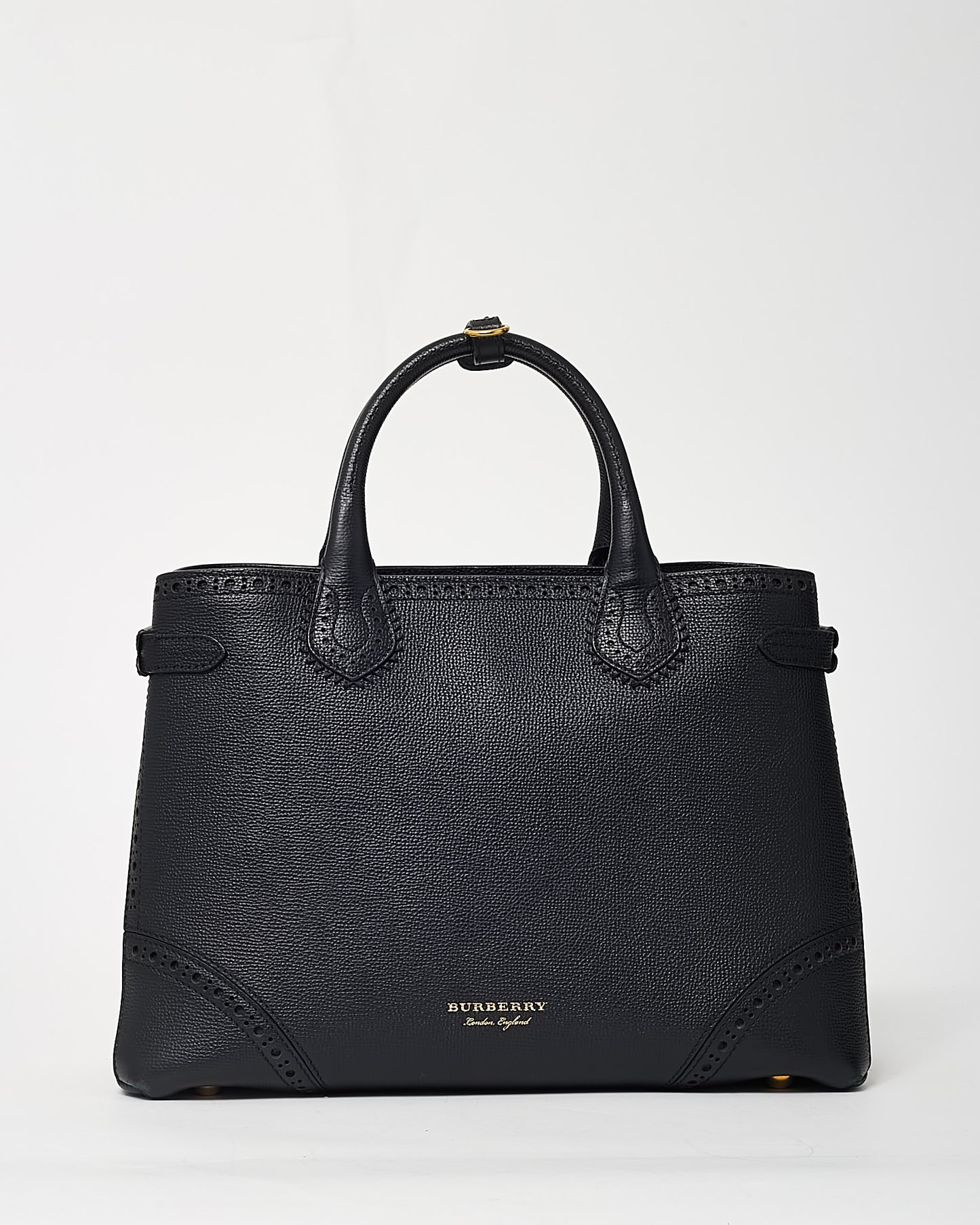Burberry Black Grainy Calfskin Perforated and House Check Canvas Medium Brogue Banner Tote with Strap