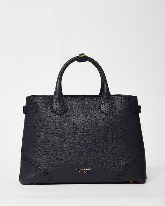 Burberry Black Grainy Calfskin Perforated and House Check Canvas Medium Brogue Banner Tote with Strap