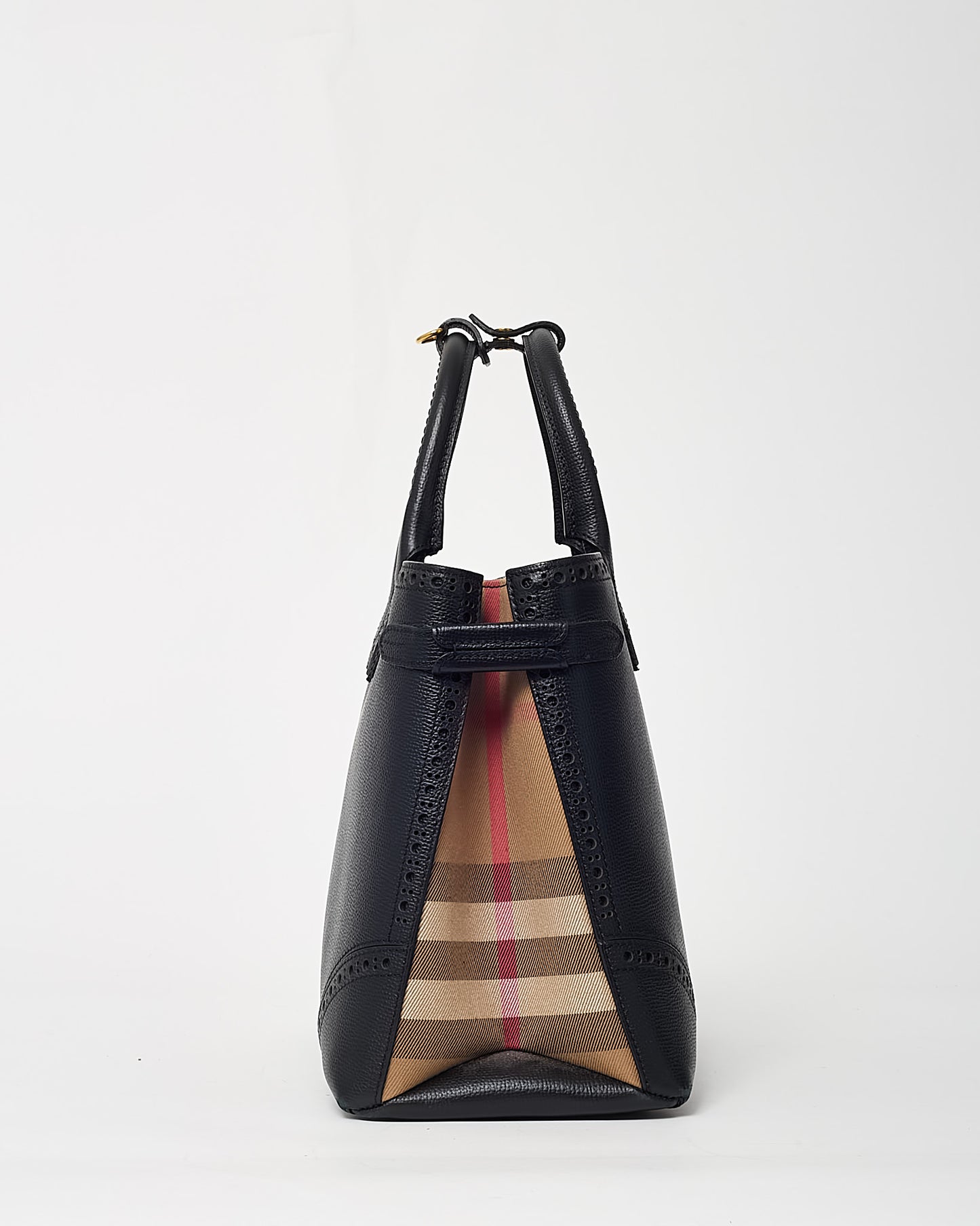 Burberry Black Grainy Calfskin Perforated and House Check Canvas Medium Brogue Banner Tote with Strap