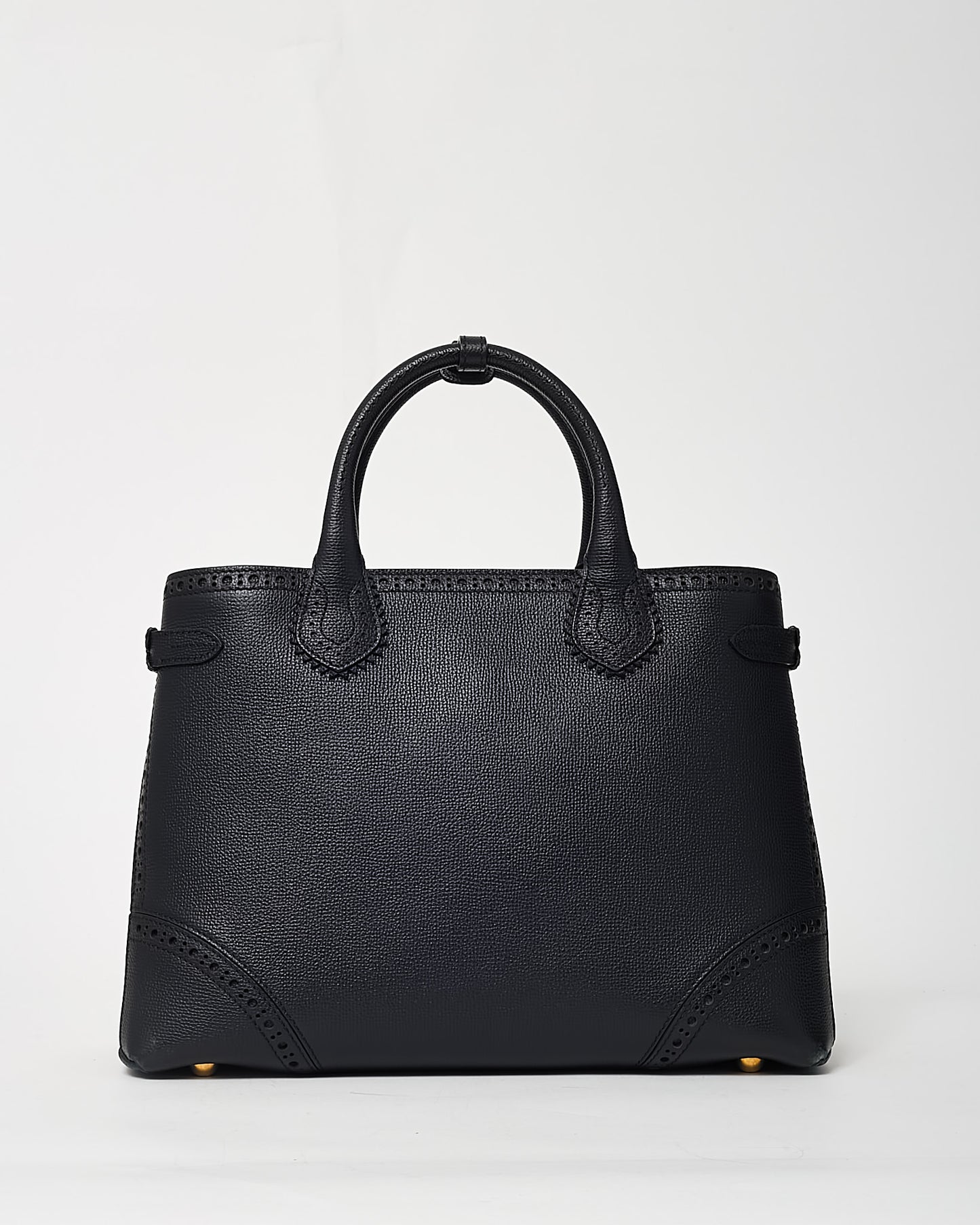 Burberry Black Grainy Calfskin Perforated and House Check Canvas Medium Brogue Banner Tote with Strap