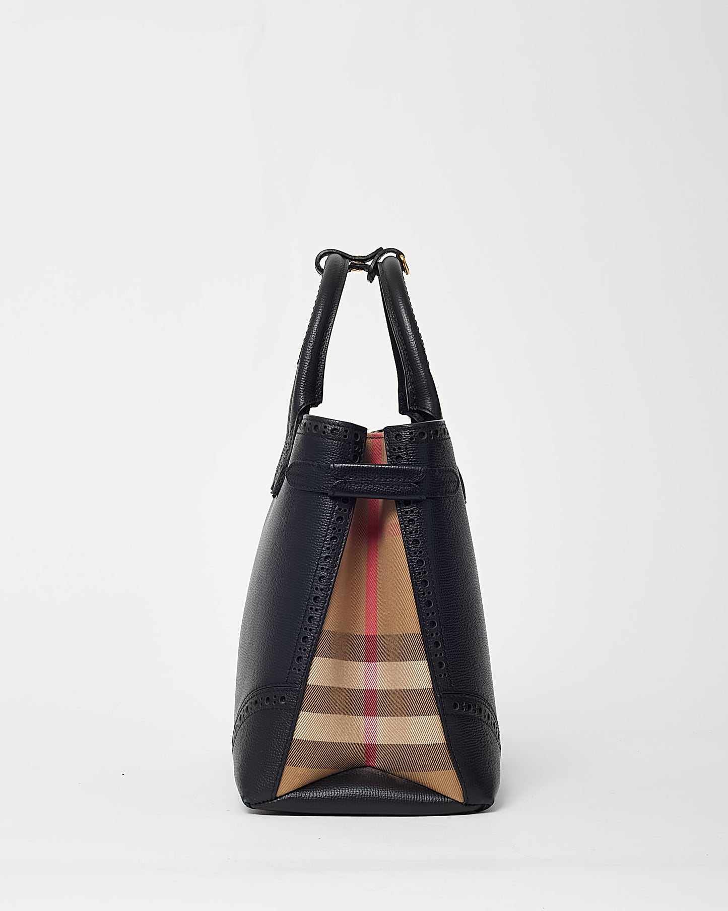 Burberry Black Grainy Calfskin Perforated and House Check Canvas Medium Brogue Banner Tote with Strap