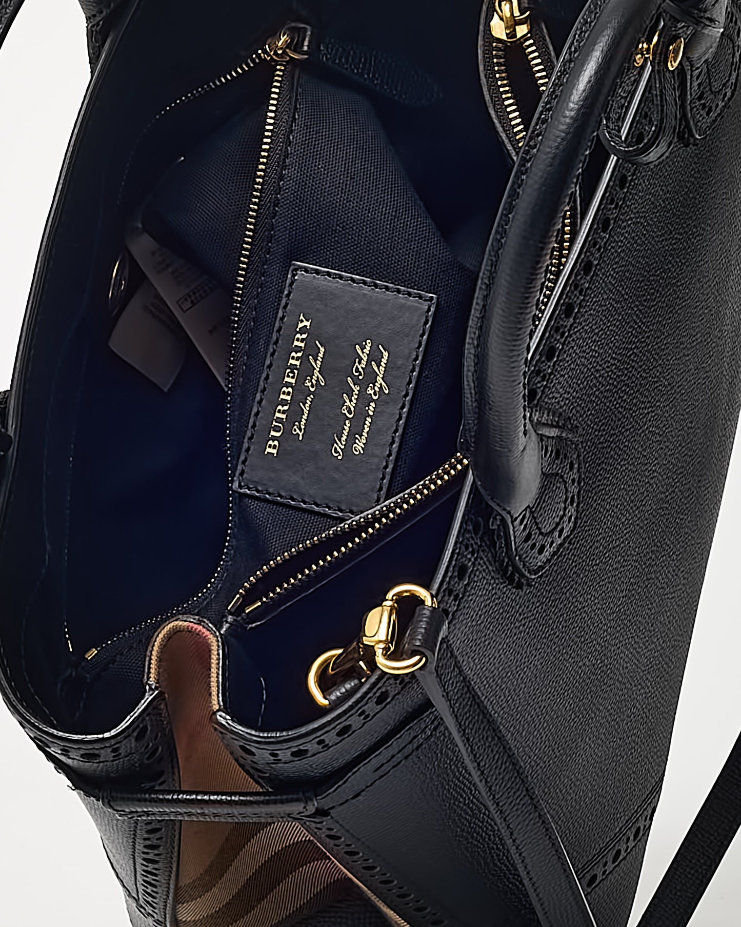 Burberry Black Grainy Calfskin Perforated and House Check Canvas Medium Brogue Banner Tote with Strap