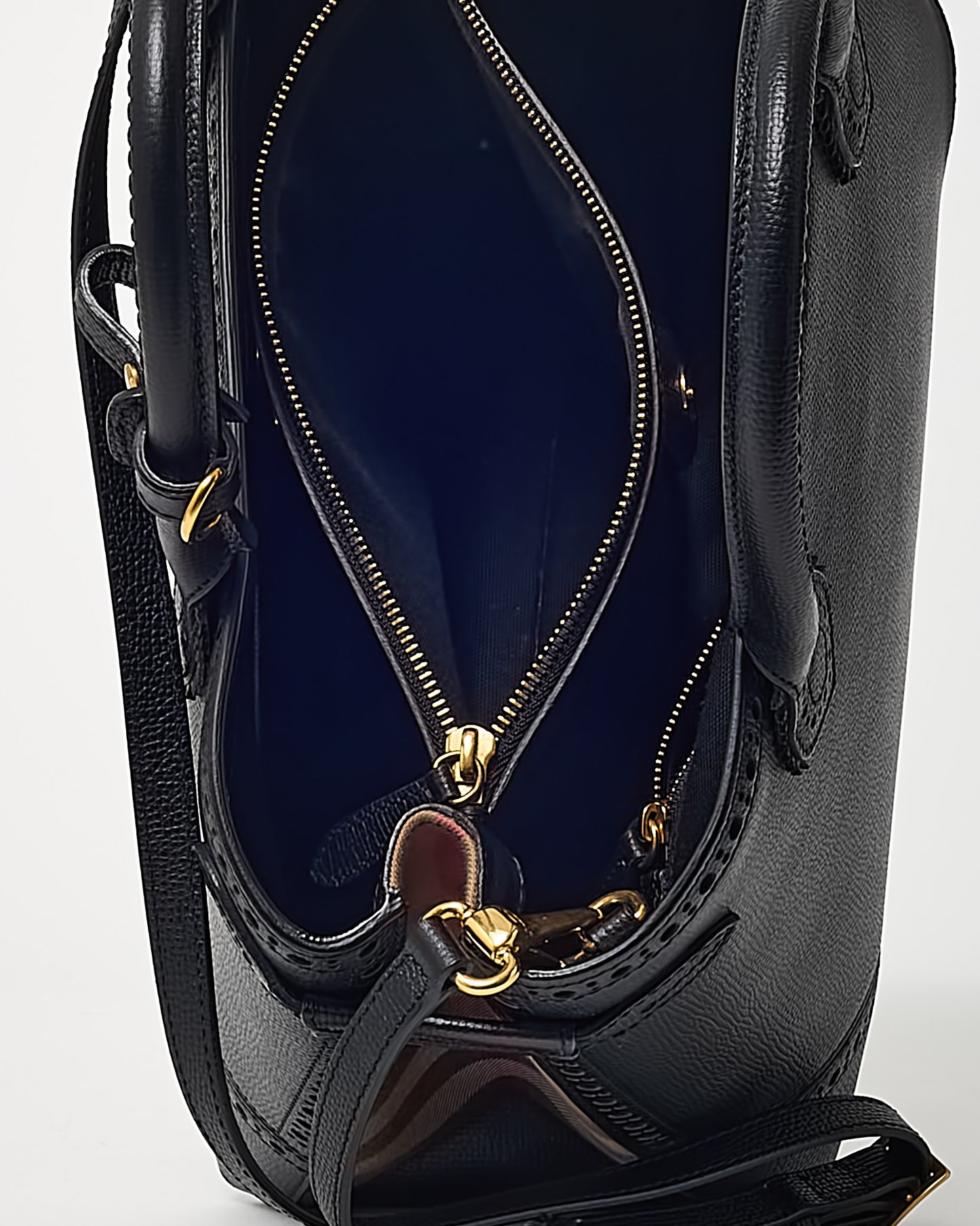 Burberry Black Grainy Calfskin Perforated and House Check Canvas Medium Brogue Banner Tote with Strap