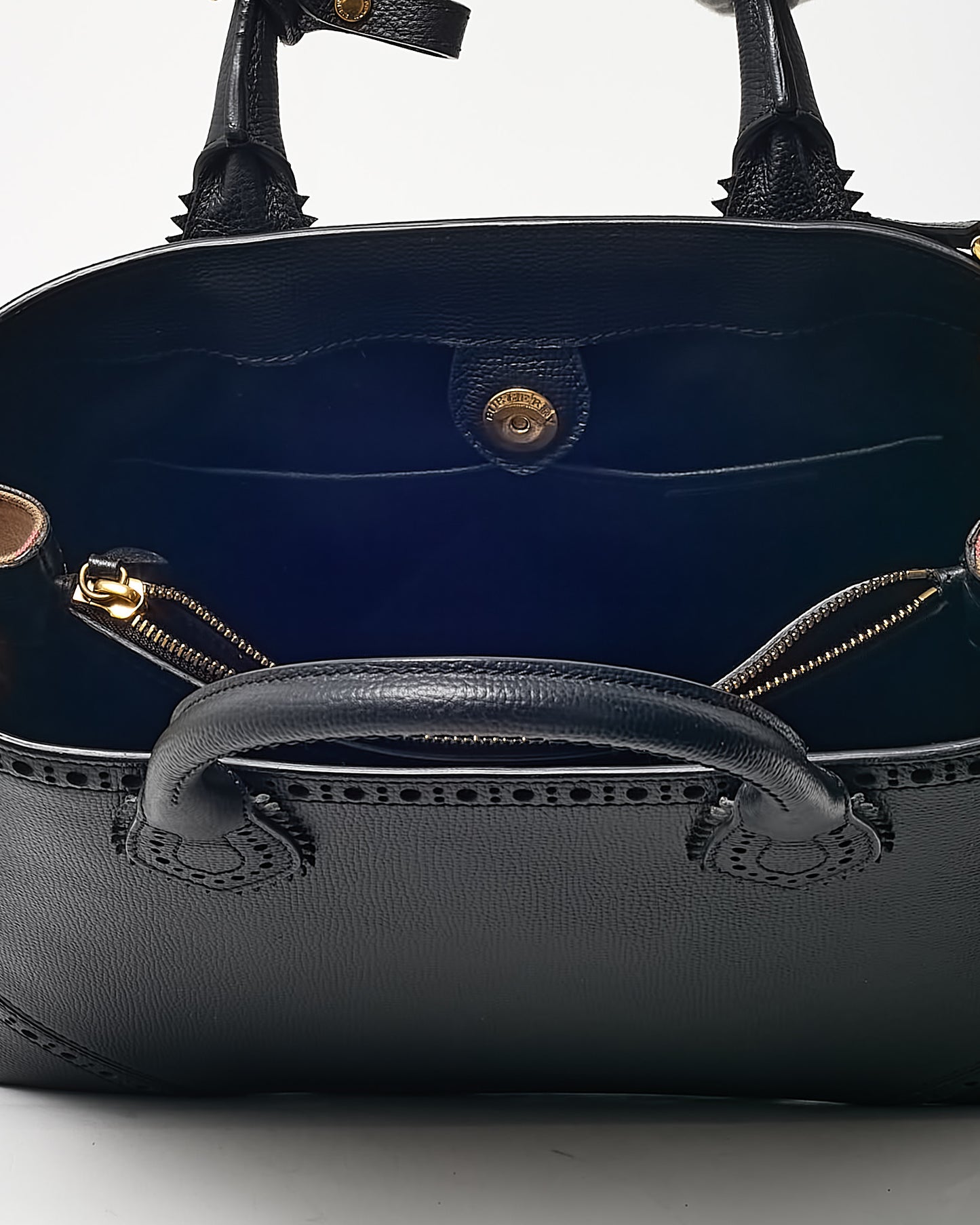 Burberry Black Grainy Calfskin Perforated and House Check Canvas Medium Brogue Banner Tote with Strap