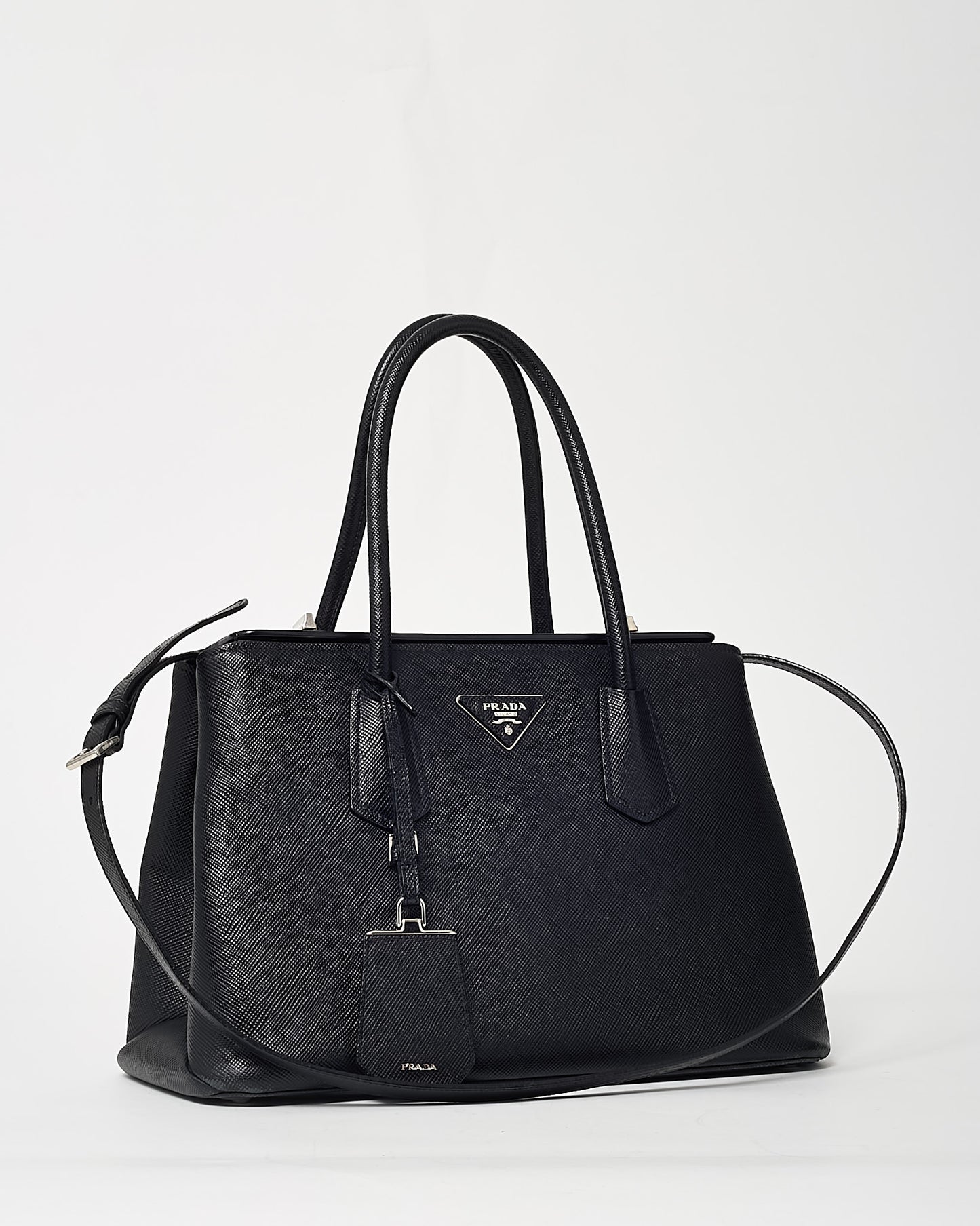 Prada Black Saffiano Lux Leather Twin Tote Bag with Strap