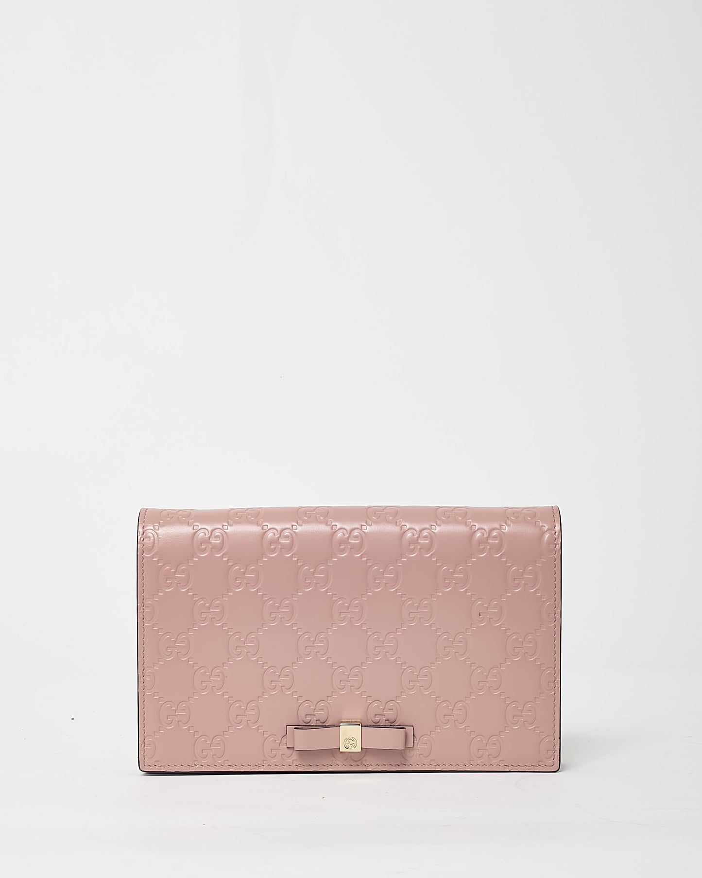 Gucci Pink Signature G Embossed Leather Bow WOC Wallet On Chain Crossbody Bag