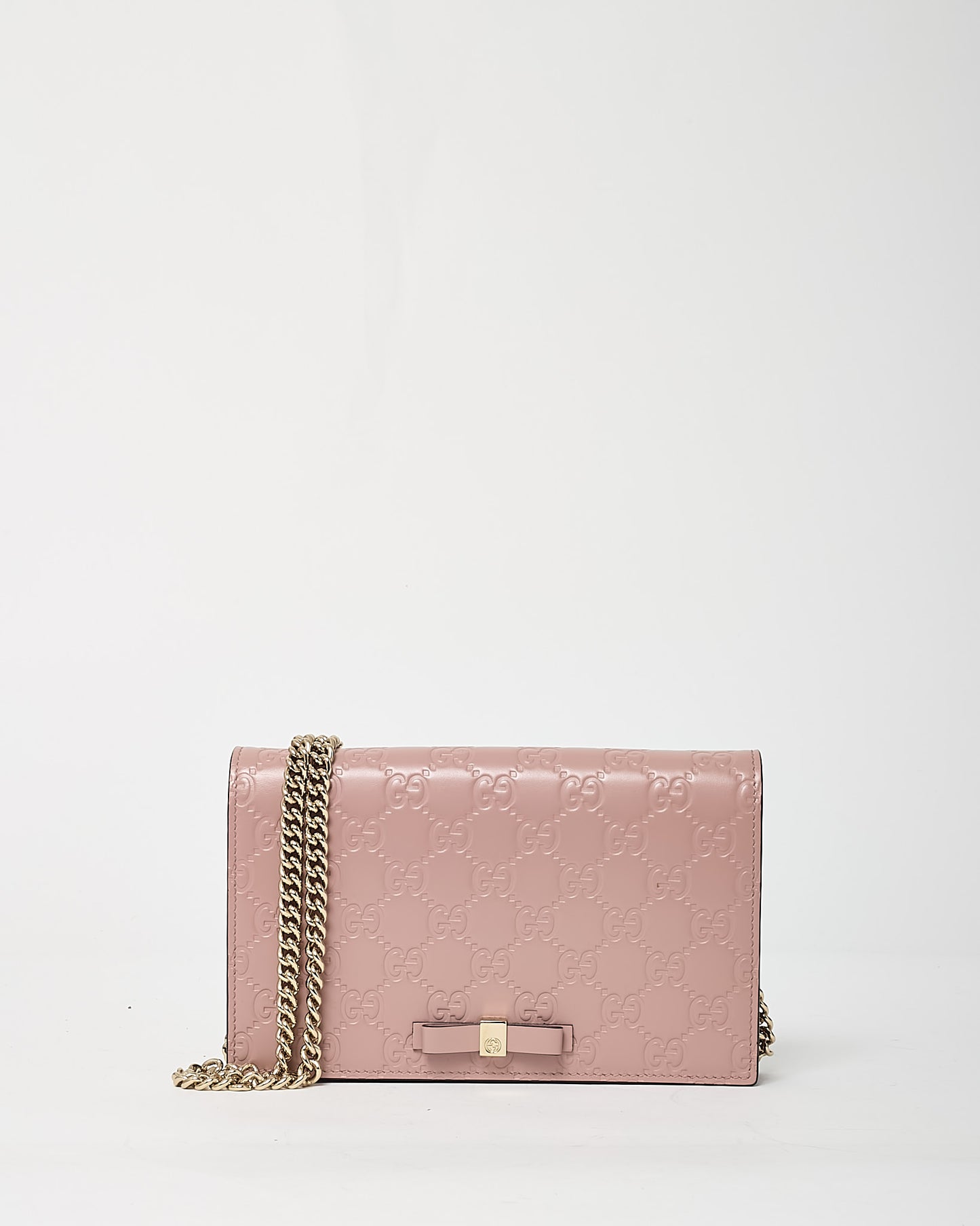 Gucci Pink Signature G Embossed Leather Bow WOC Wallet On Chain Crossbody Bag