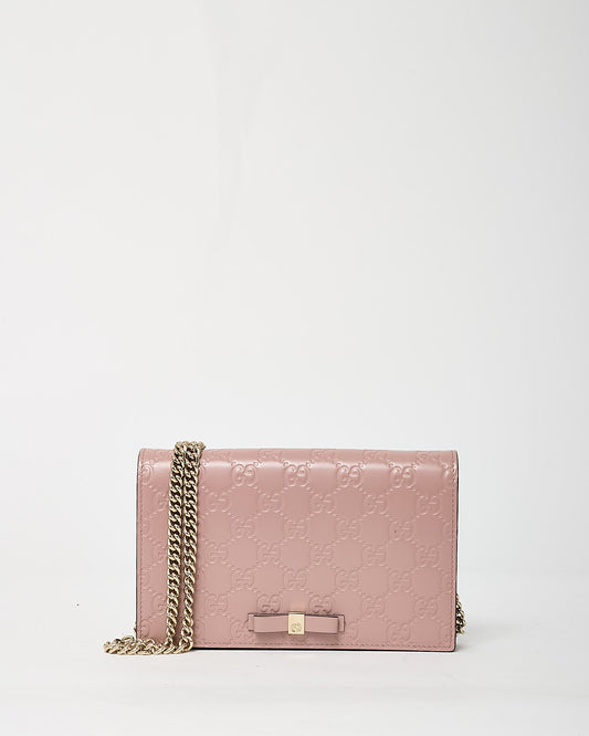 Gucci Pink Signature G Embossed Leather Bow WOC Wallet On Chain Crossbody Bag
