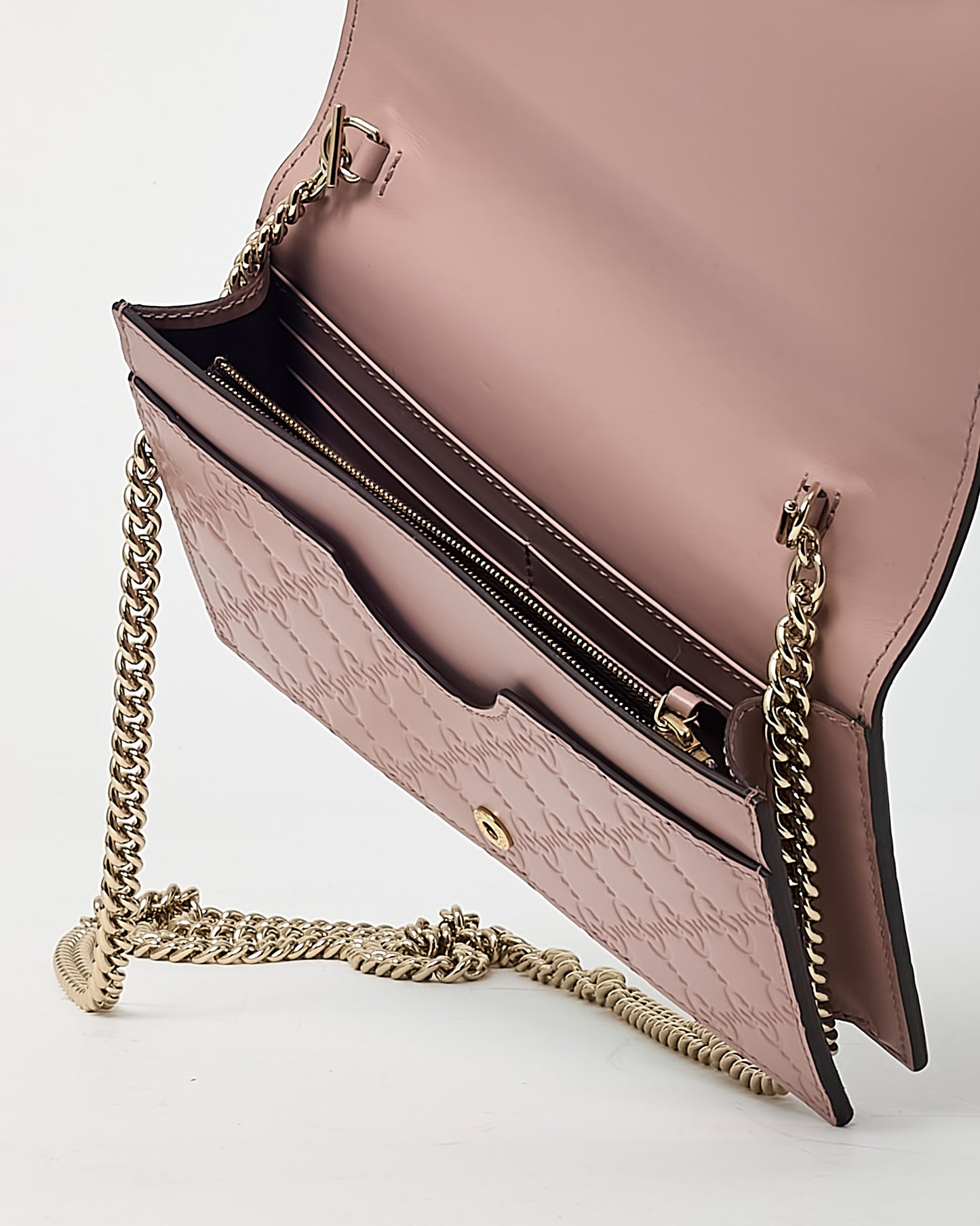 Gucci Pink Signature G Embossed Leather Bow WOC Wallet On Chain Crossbody Bag