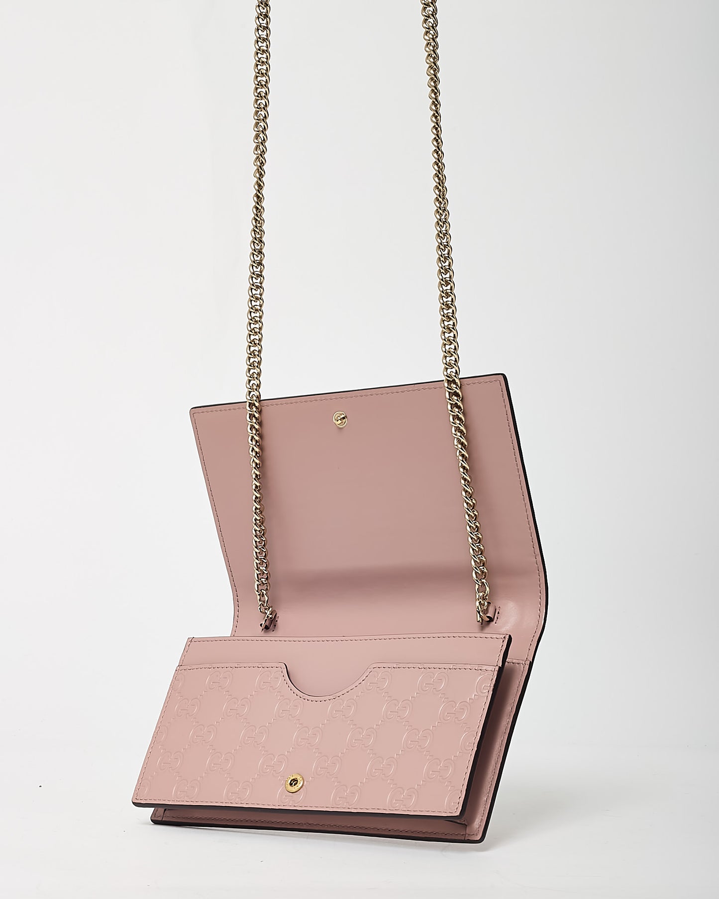 Gucci Pink Signature G Embossed Leather Bow WOC Wallet On Chain Crossbody Bag