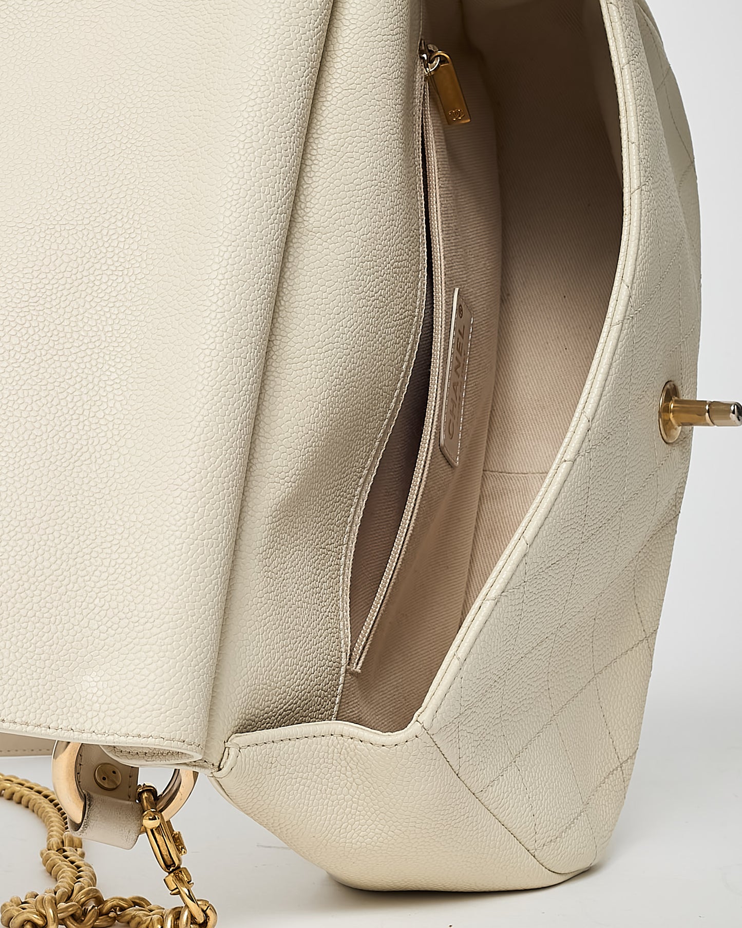 Chanel White Caviar Leather Large Top Handle Flap Bag with Removable Strap