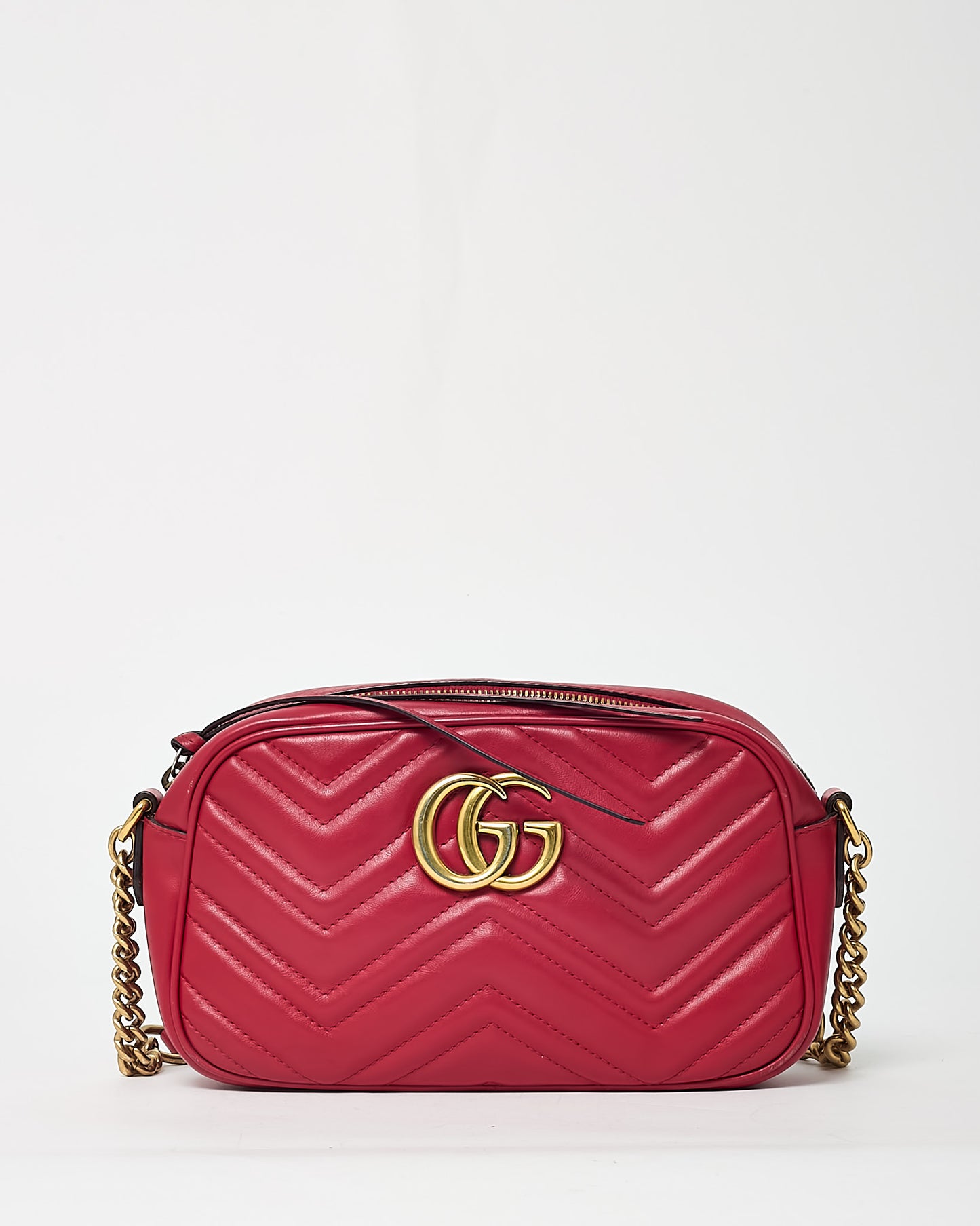 Gucci Red Matelassé Leather GG Marmont Small Camera Crossbody Bag