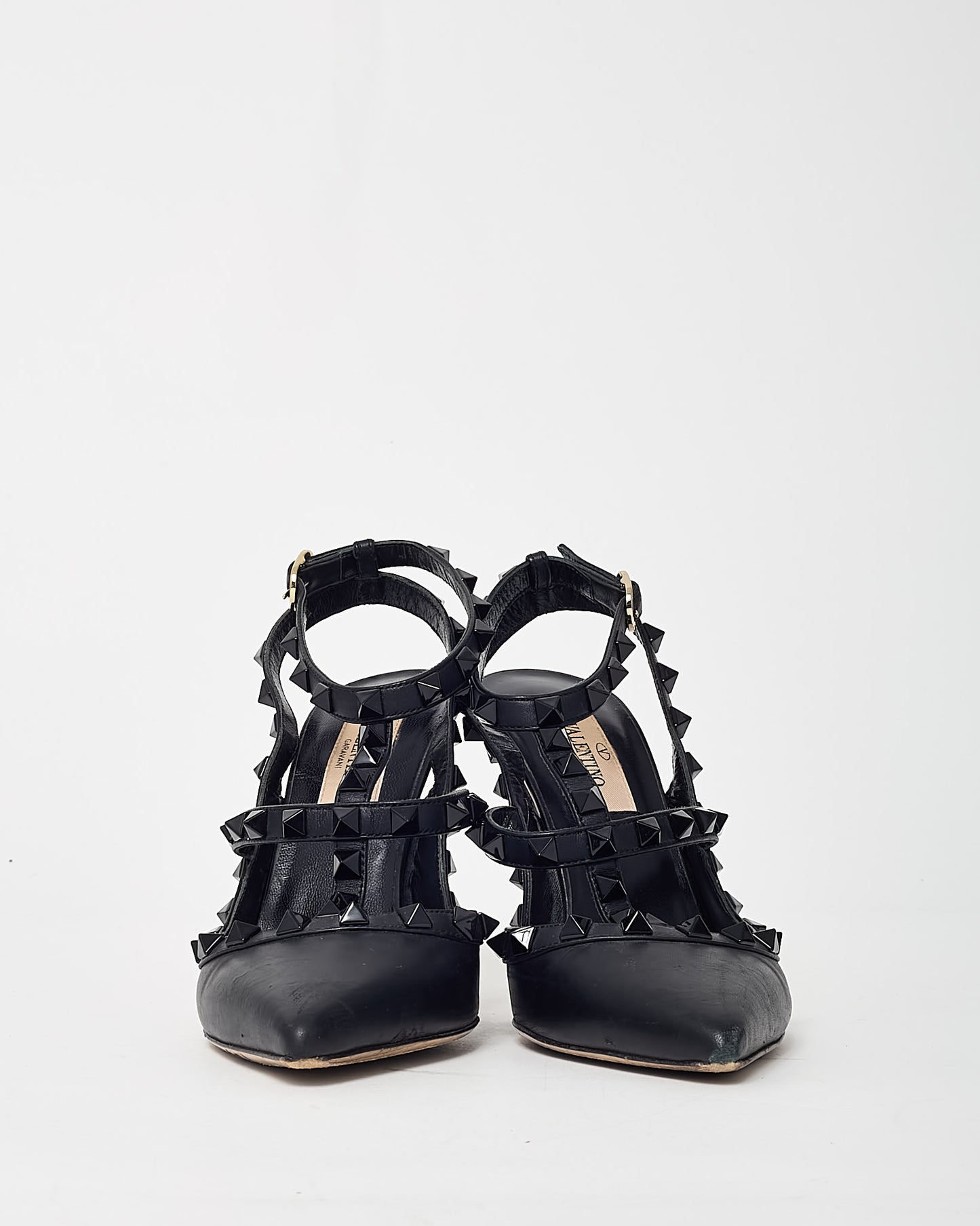 Valentino Black Leather Black Tonal Rockstud Ankle Strap 100mm Pointed Toe Pumps - 35.5