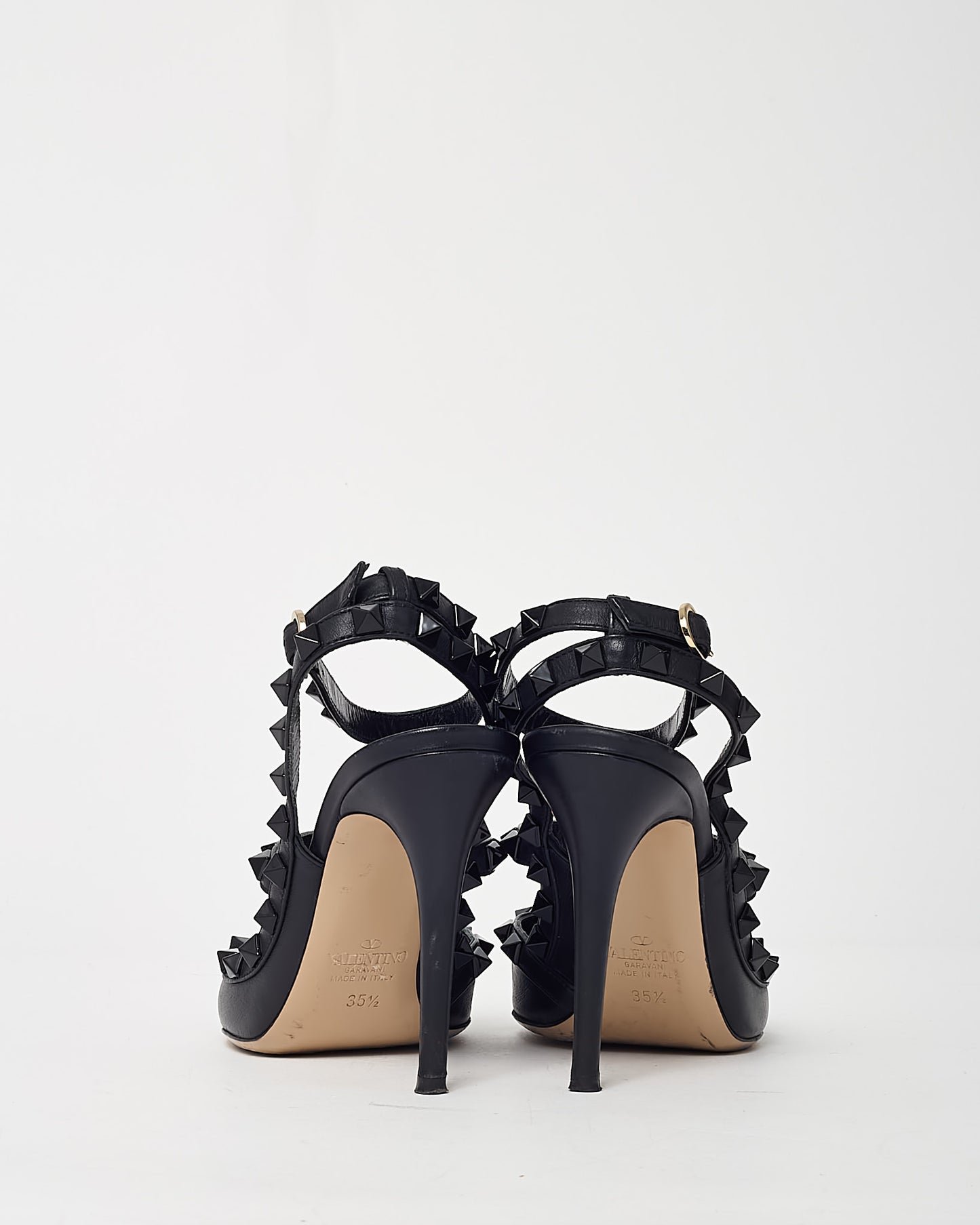 Valentino Black Leather Black Tonal Rockstud Ankle Strap 100mm Pointed Toe Pumps - 35.5
