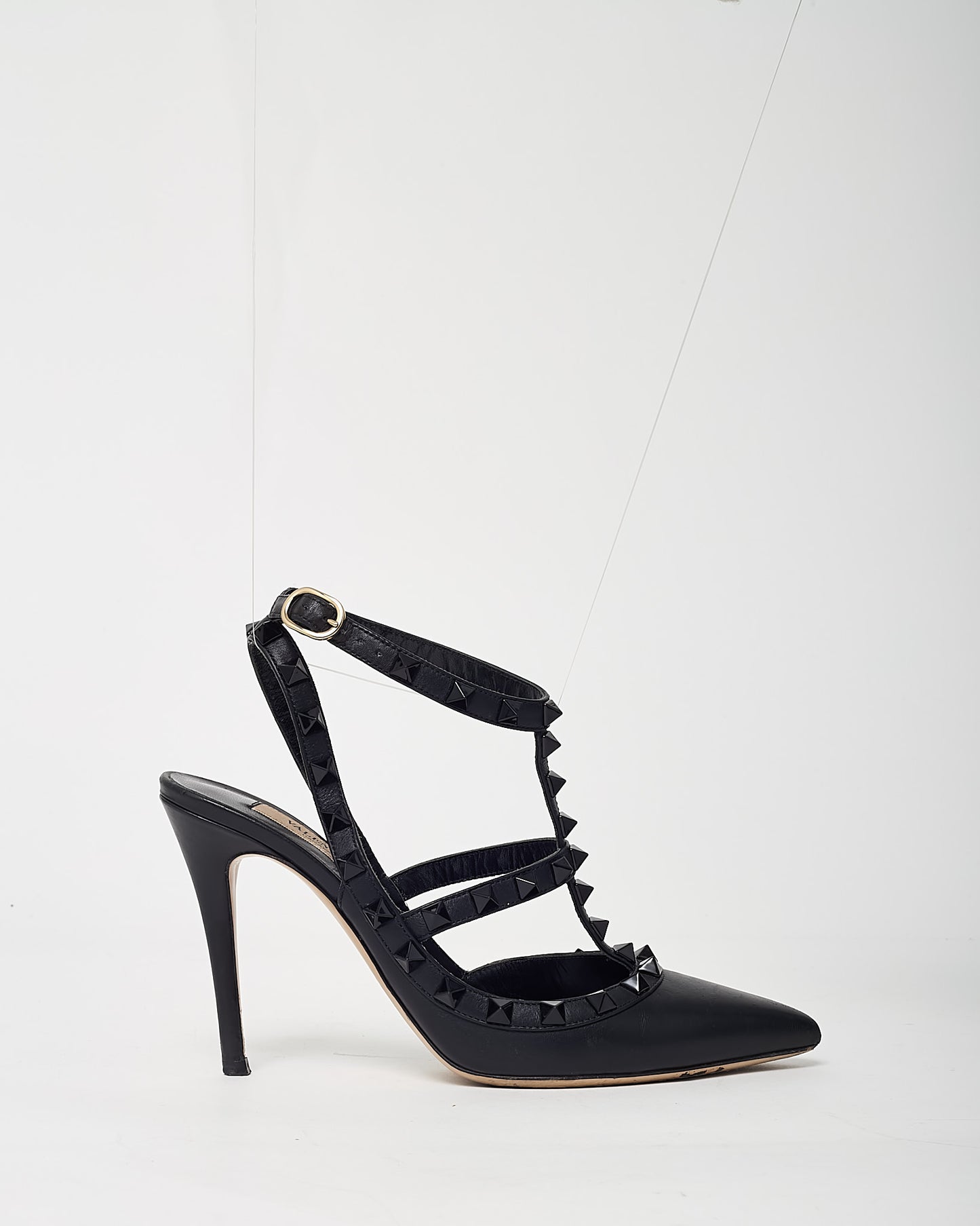 Valentino Black Leather Black Tonal Rockstud Ankle Strap 100mm Pointed Toe Pumps - 35.5