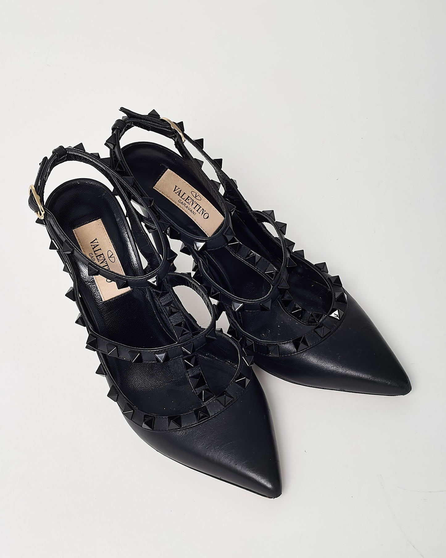 Valentino Black Leather Black Tonal Rockstud Ankle Strap 100mm Pointed Toe Pumps - 35.5