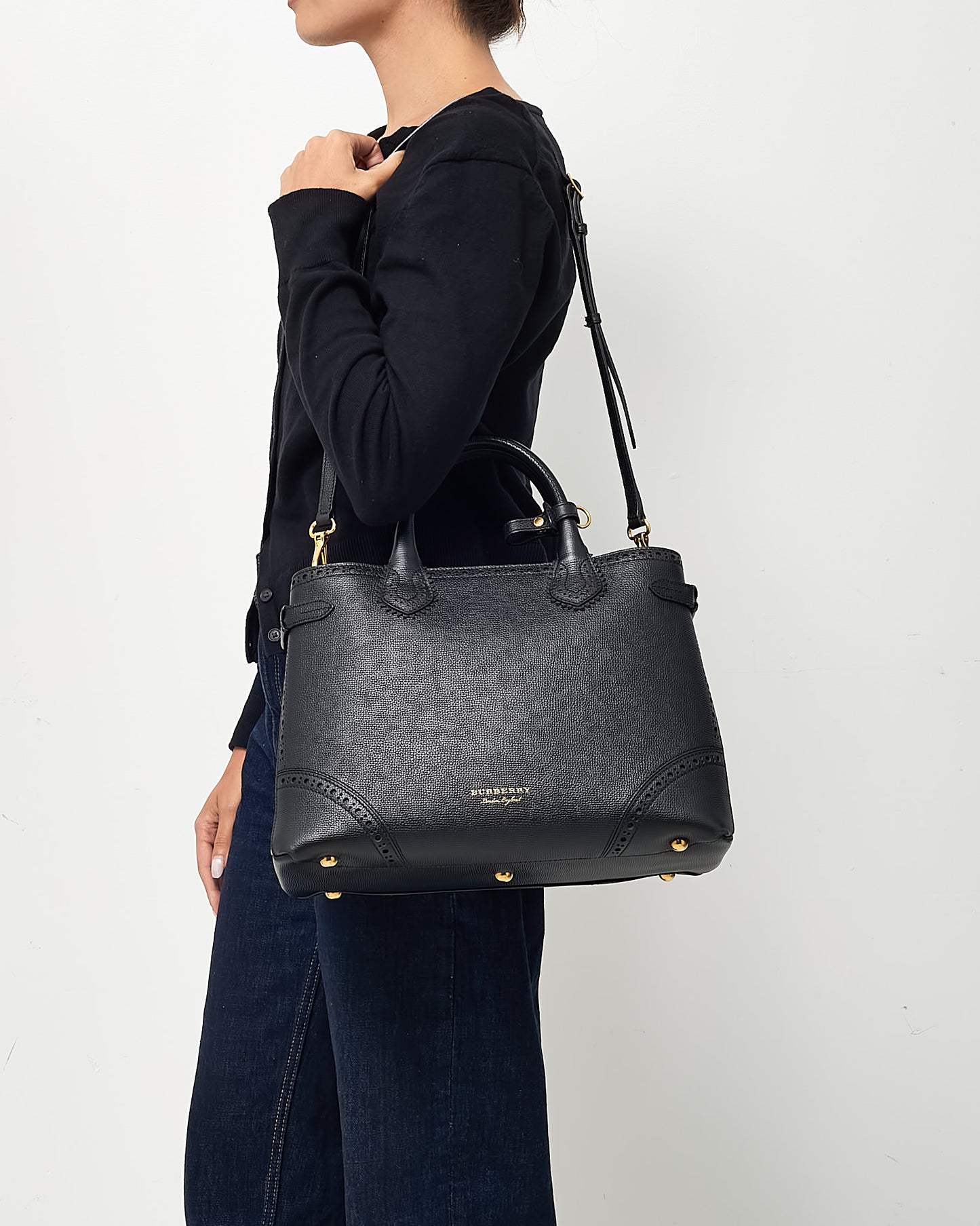 Burberry Black Grainy Calfskin Perforated and House Check Canvas Medium Brogue Banner Tote with Strap