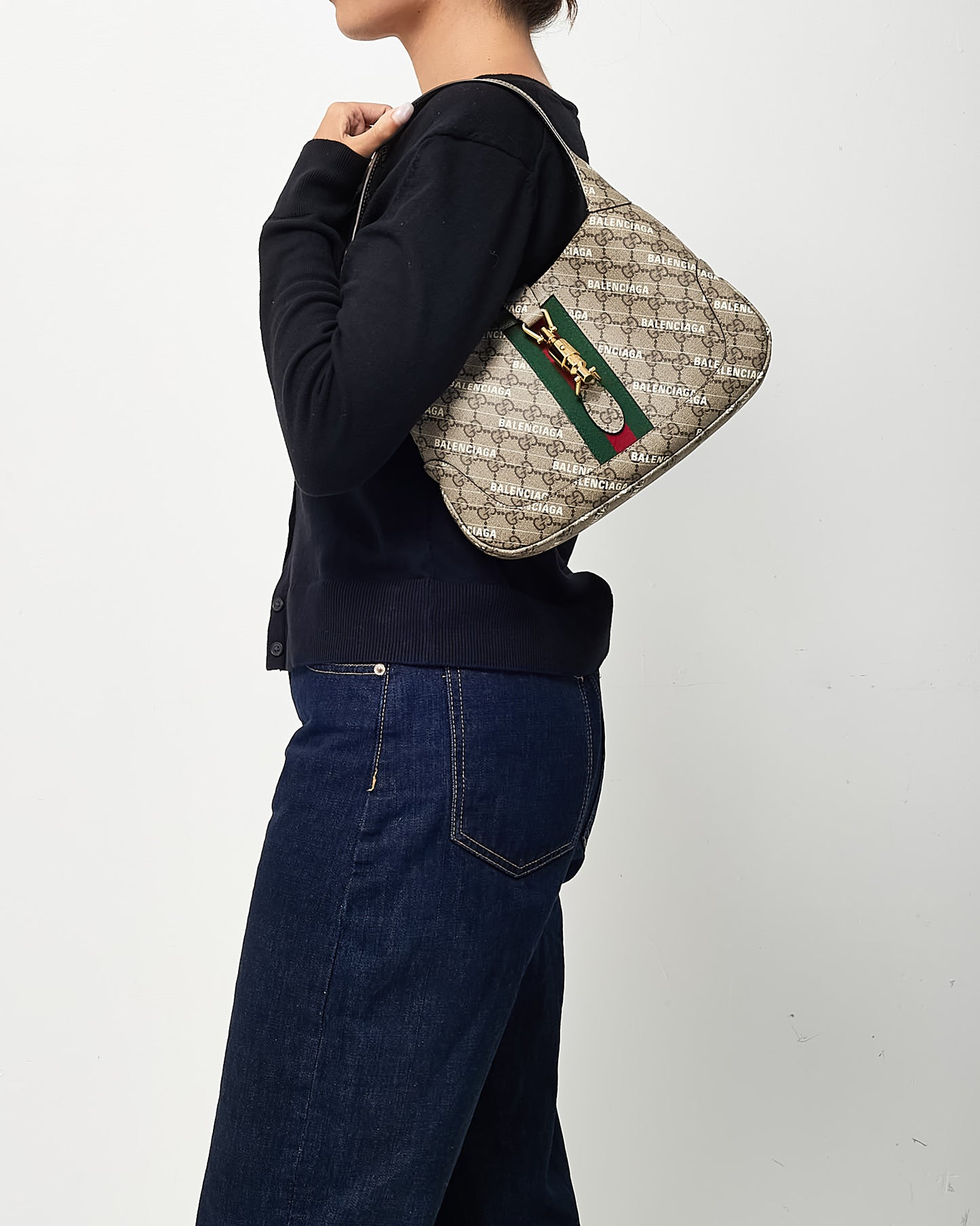Gucci x Balenciaga GG Monogram Striped Logo Print Coated Canvas Web Small Jackie 1961 Hobo Bag