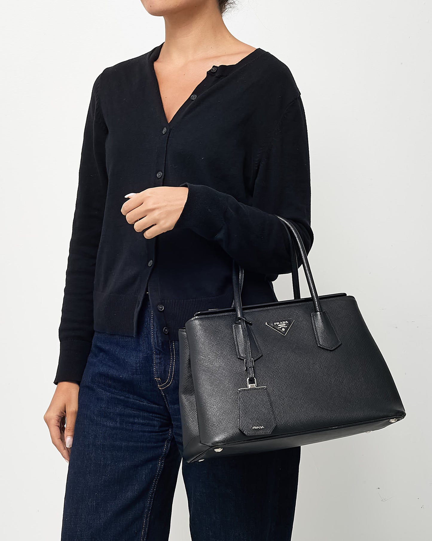 Prada Black Saffiano Lux Leather Twin Tote Bag with Strap