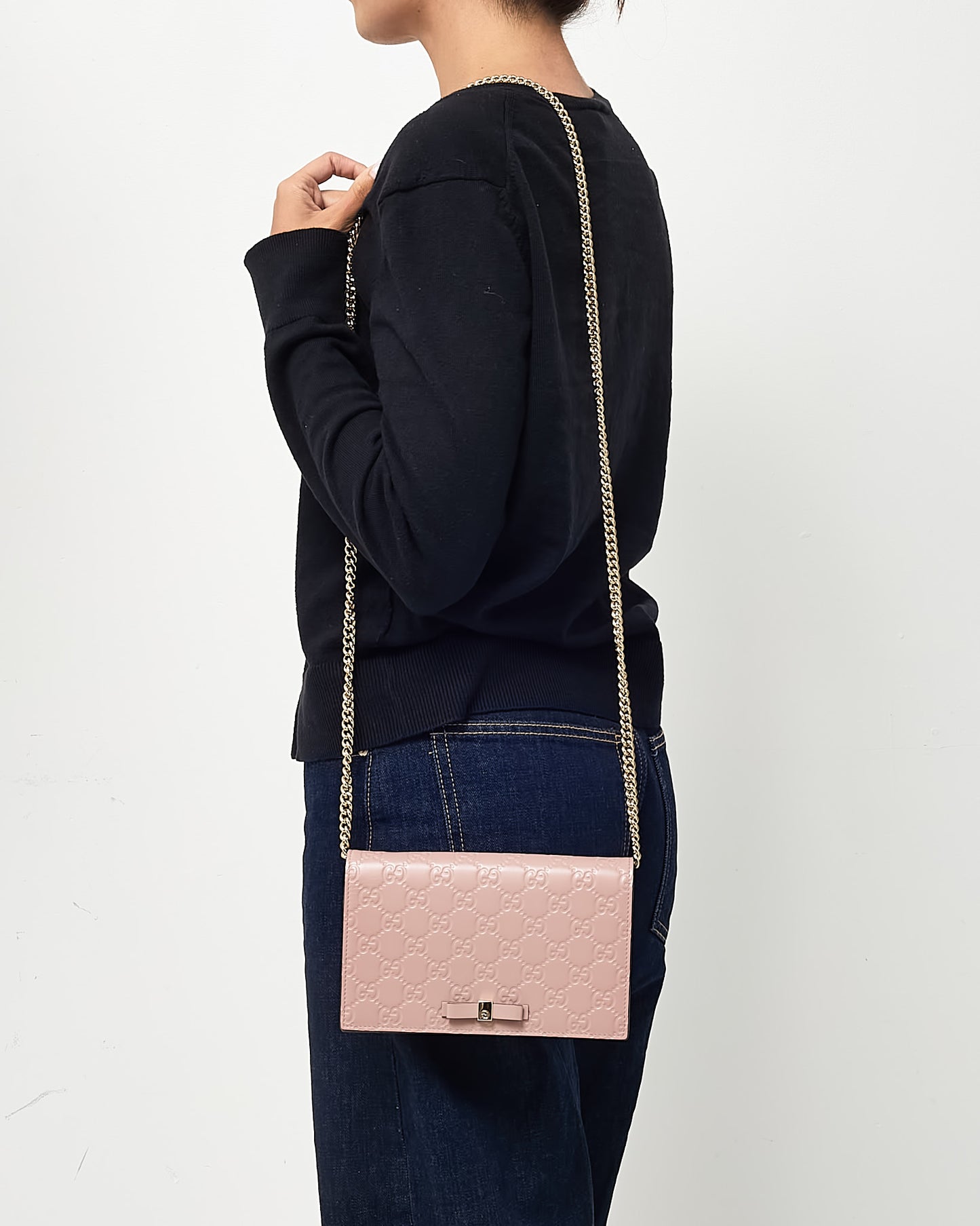 Gucci Pink Signature G Embossed Leather Bow WOC Wallet On Chain Crossbody Bag