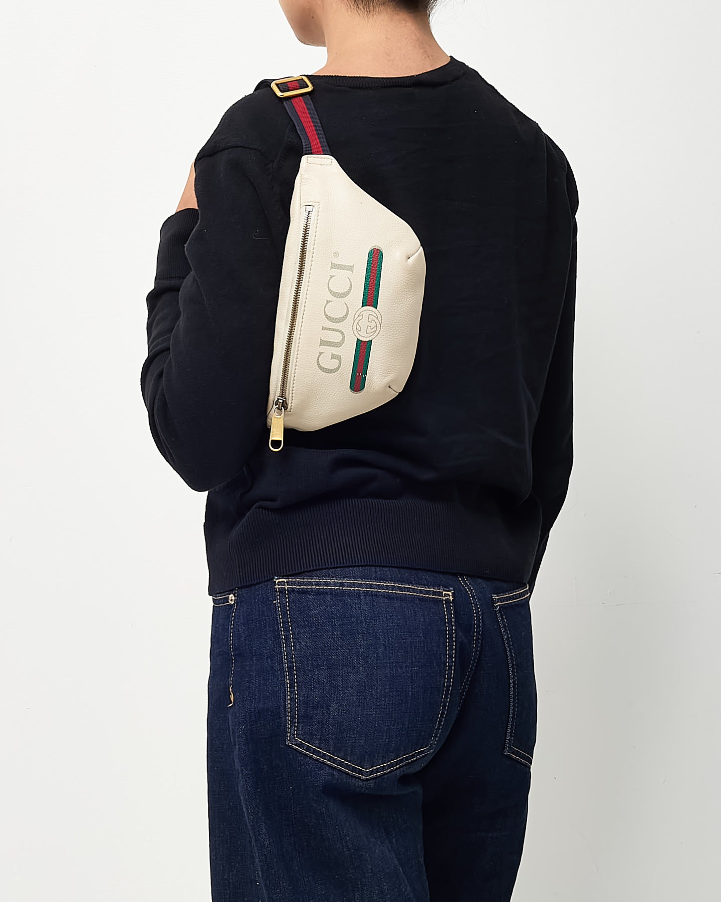 Gucci White Leather Web Logo Small Belt Bag