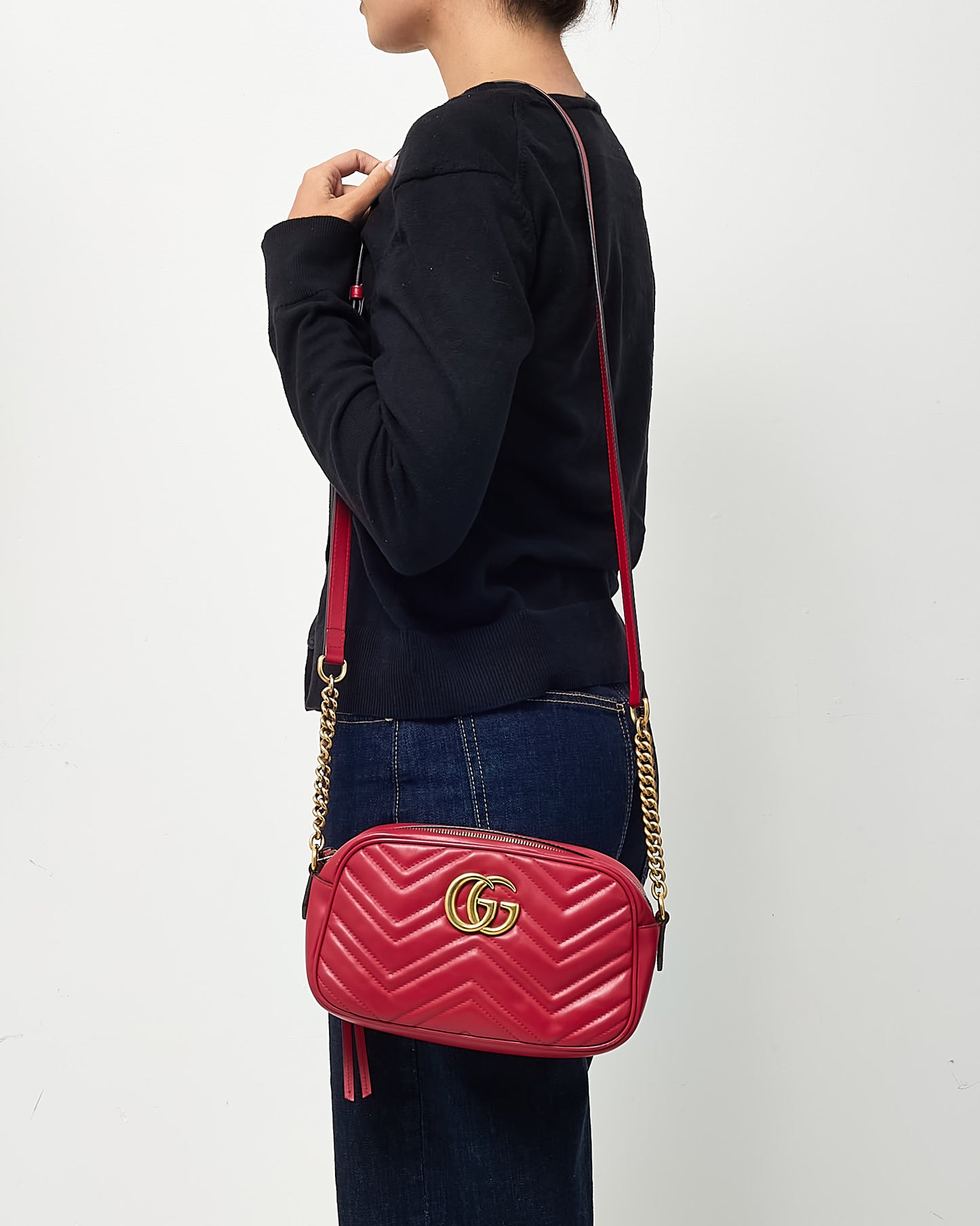 Gucci Red Matelassé Leather GG Marmont Small Camera Crossbody Bag