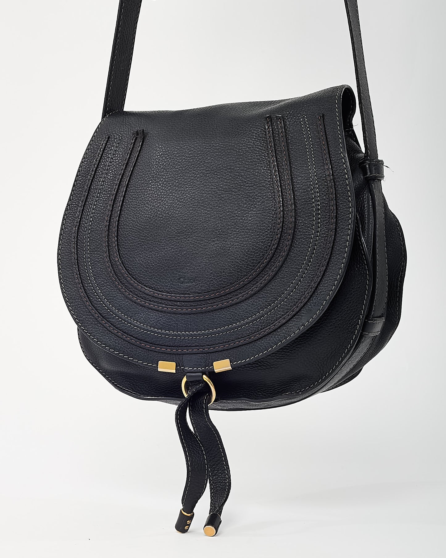 Chloé Black Pebbled Leather Marcie Saddle Crossbody Bag