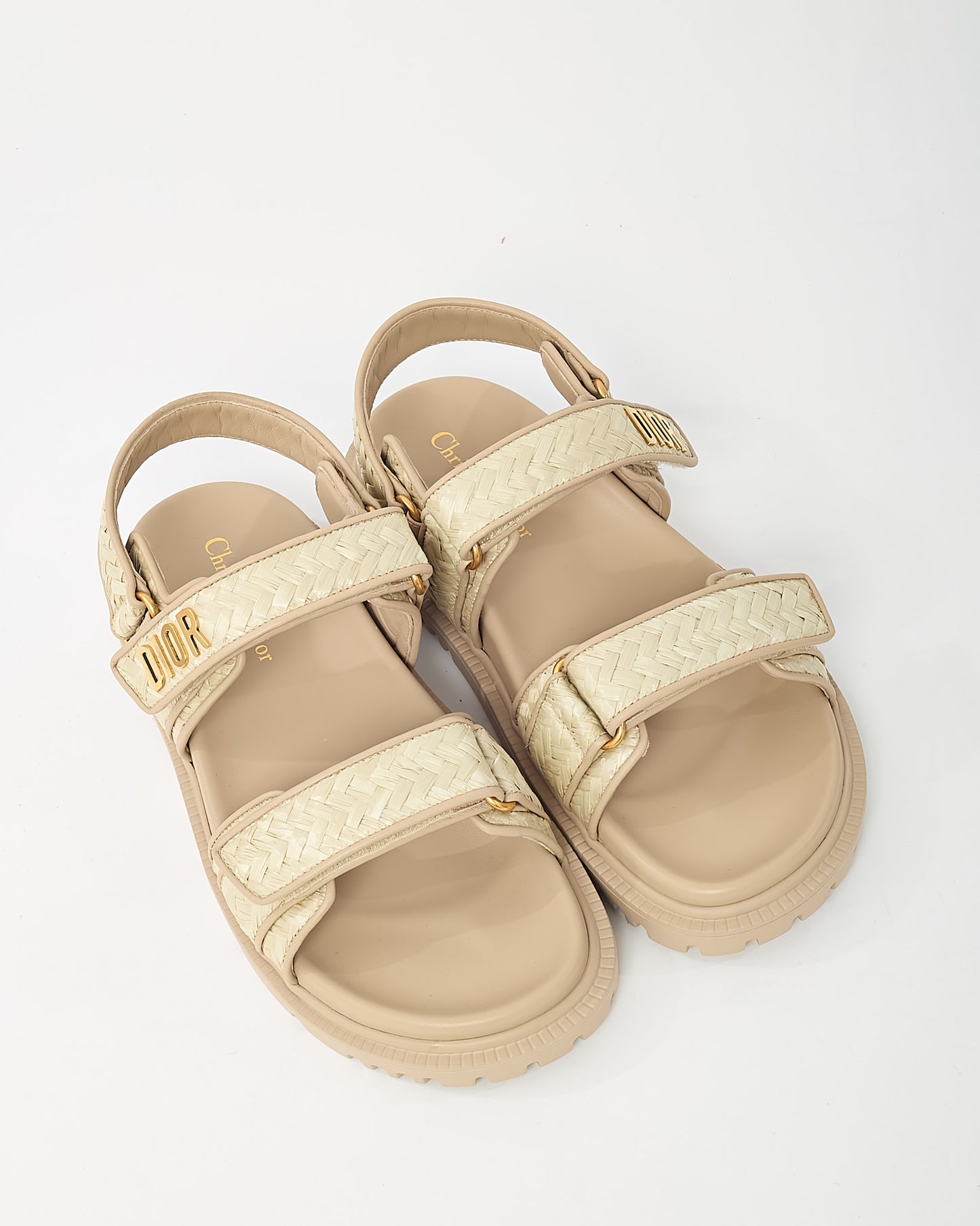 Dior Beige Calfskin Leather and Raffia Dioract Logo Dad Sandals - 39