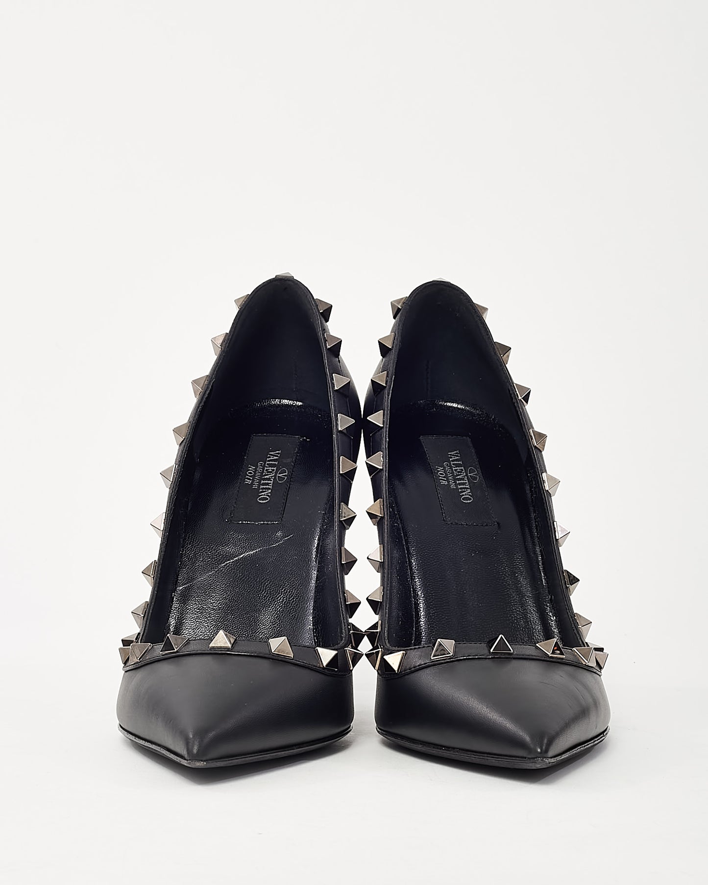 Valentino Black Leather Gunmetal Rockstud Accent Pointed Toe Pumps - 39