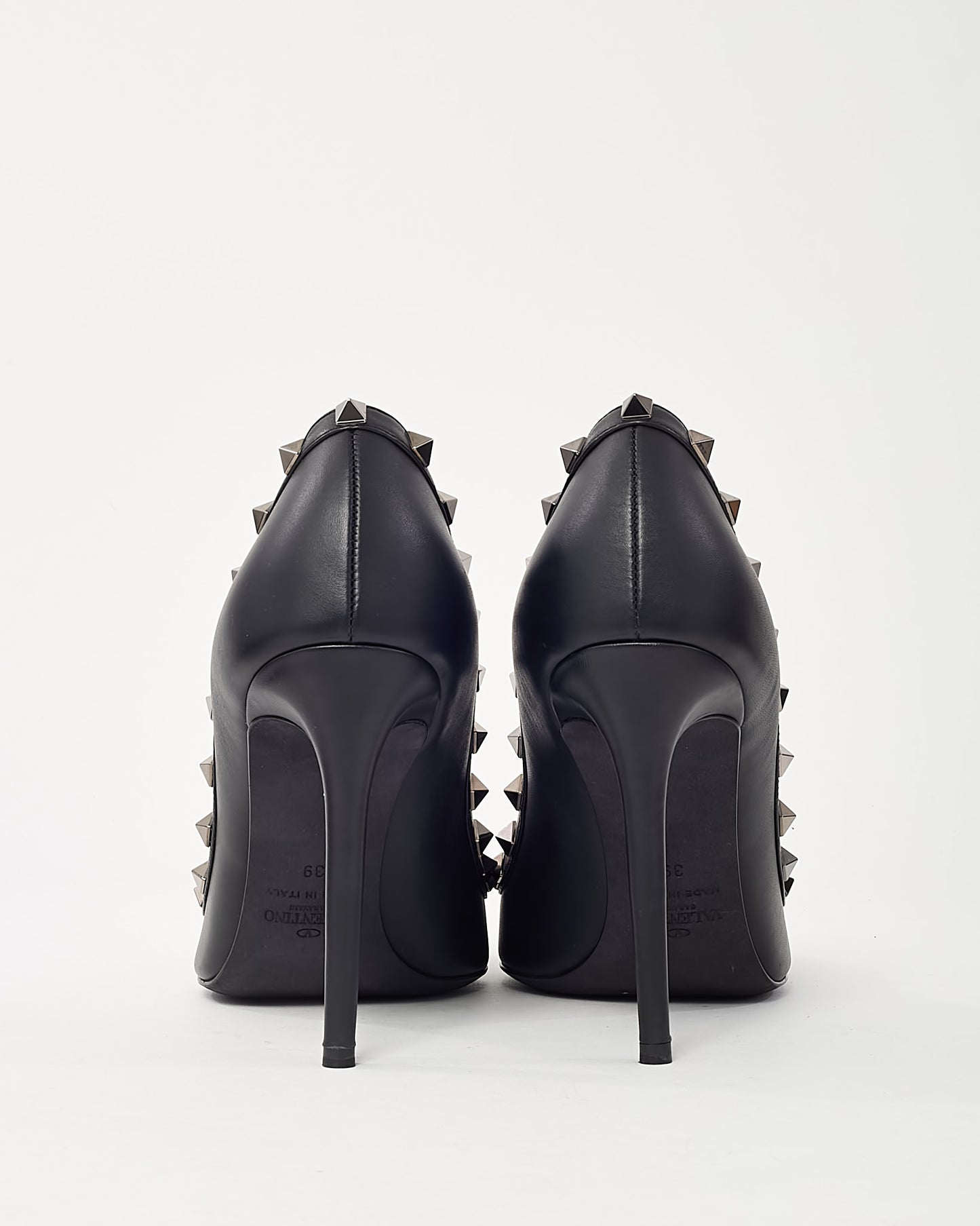 Valentino Black Leather Gunmetal Rockstud Accent Pointed Toe Pumps - 39