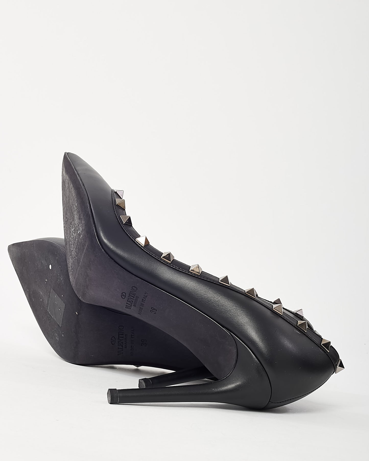 Valentino Black Leather Gunmetal Rockstud Accent Pointed Toe Pumps - 39