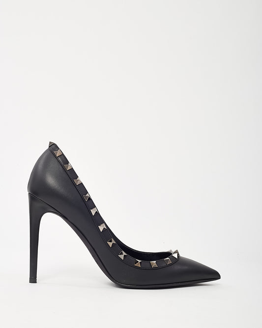 Valentino Black Leather Gunmetal Rockstud Accent Pointed Toe Pumps - 39