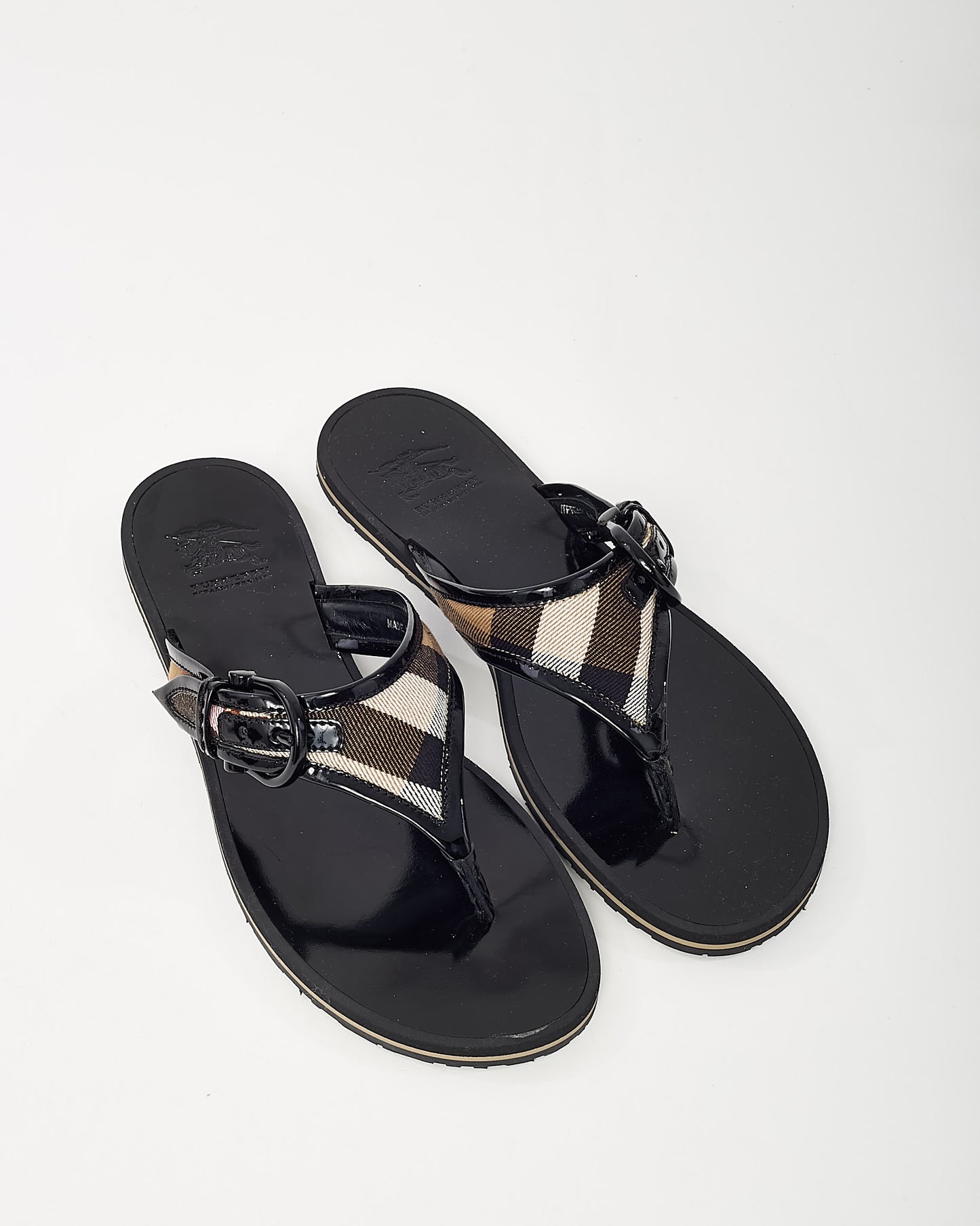Burberry Black Patent Leather with Beige Nova Check Flip Flops - 39