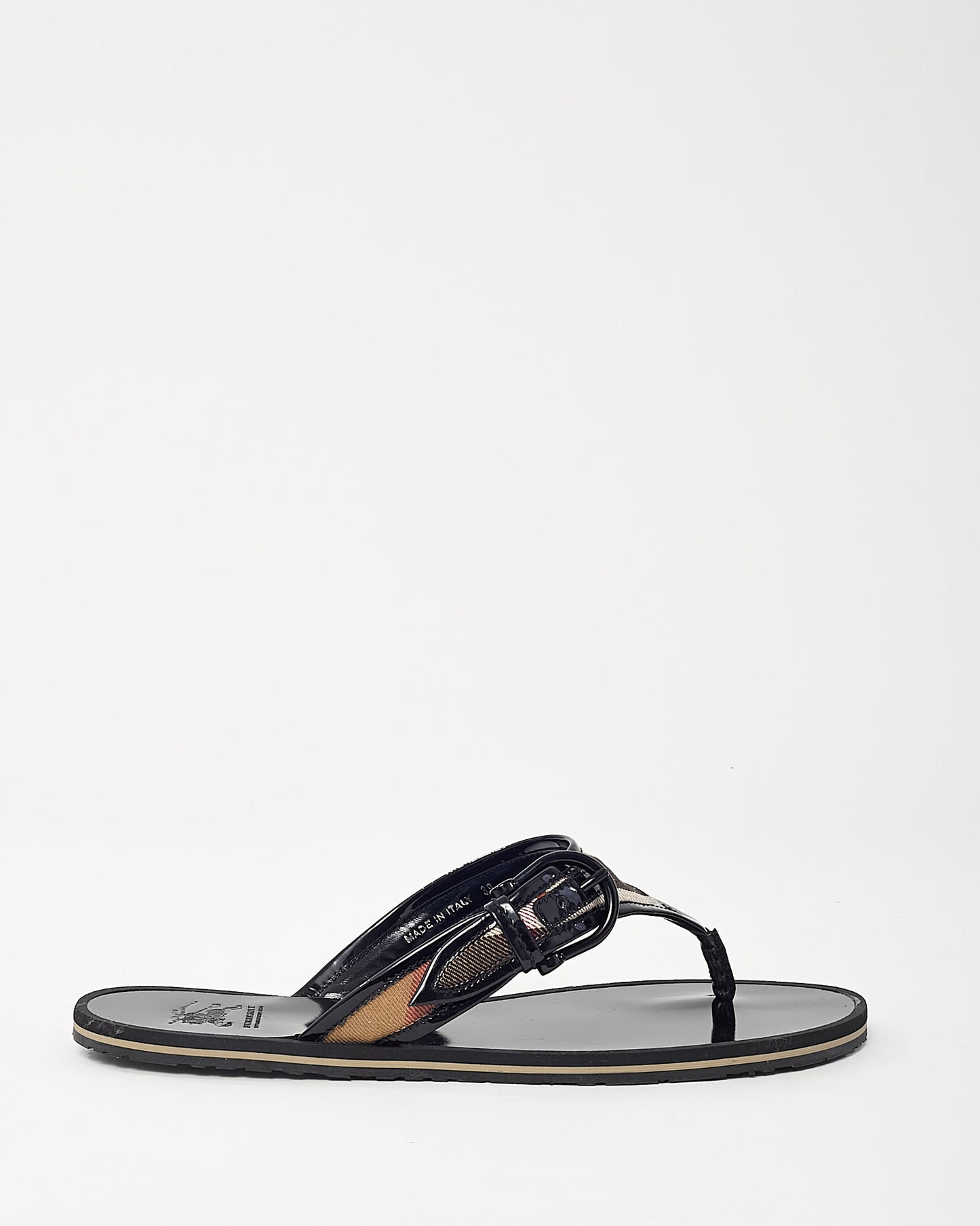 Burberry Black Patent Leather with Beige Nova Check Flip Flops - 39