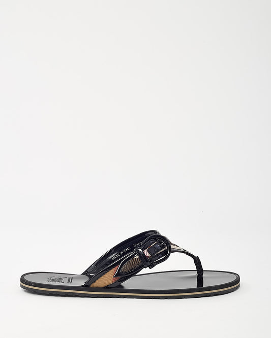 Burberry Black Patent Leather with Beige Nova Check Flip Flops - 39
