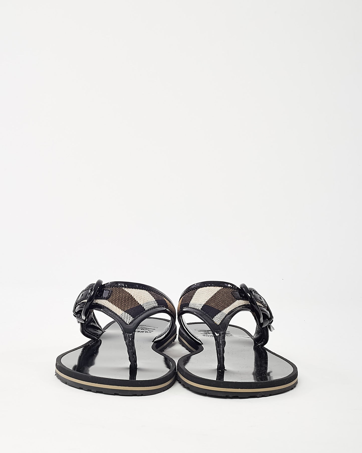 Burberry Black Patent Leather with Beige Nova Check Flip Flops - 39