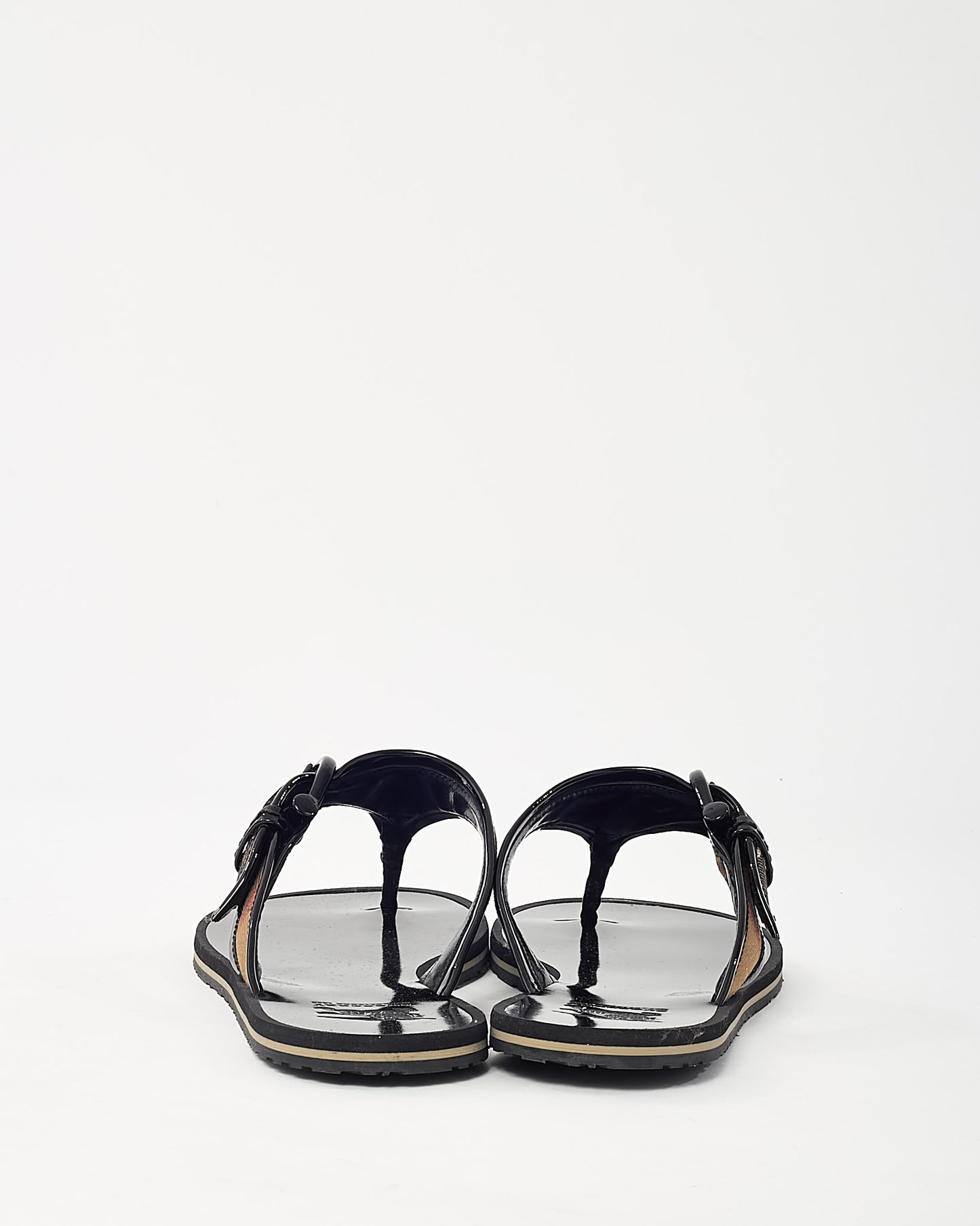 Burberry Black Patent Leather with Beige Nova Check Flip Flops - 39