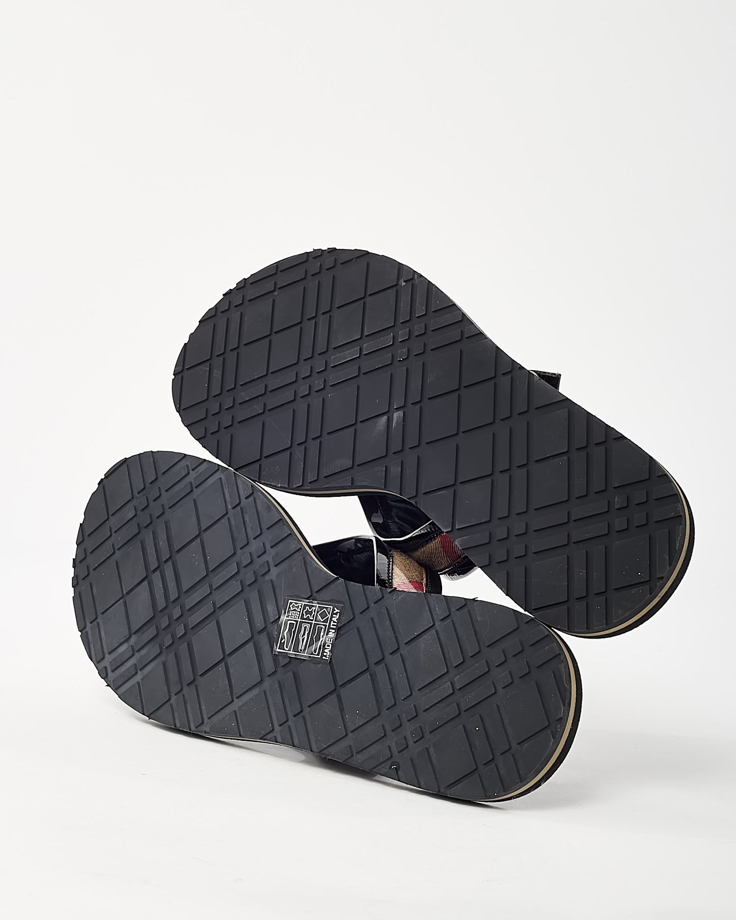 Burberry Black Patent Leather with Beige Nova Check Flip Flops - 39