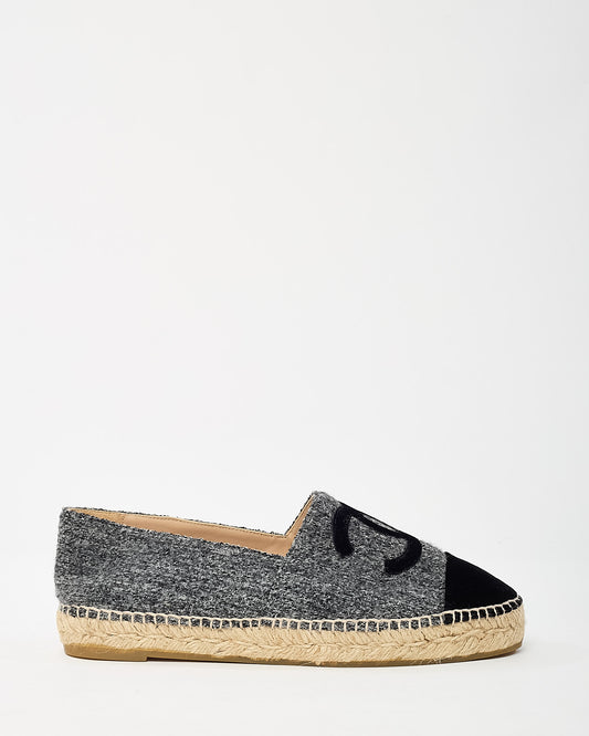 Chanel Grey Wool Felt and Velvet Black CC Logo Espadrilles - 39