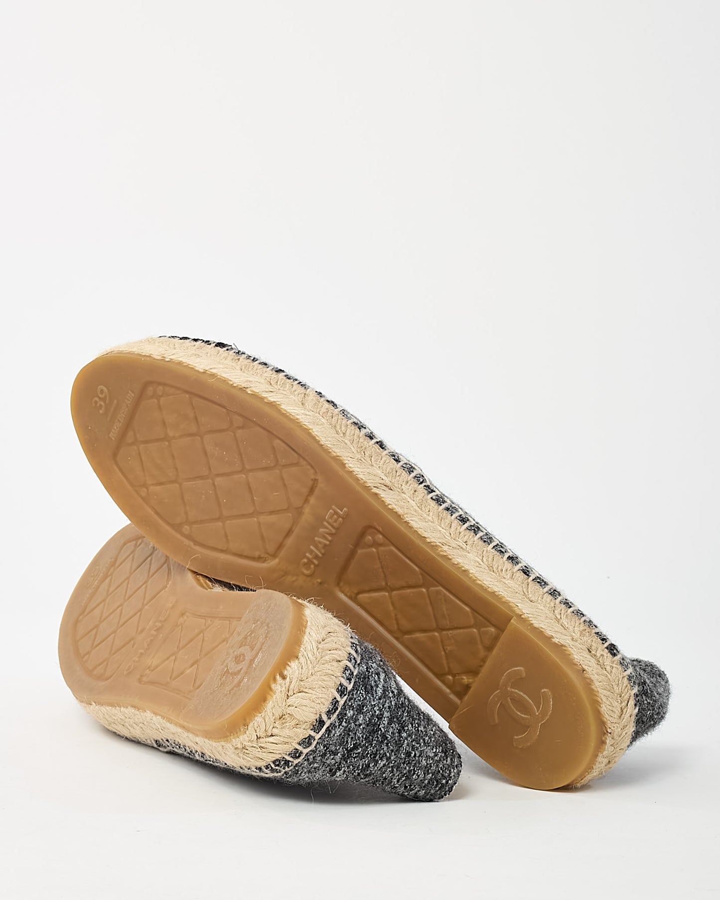 Chanel Grey Wool Felt and Velvet Black CC Logo Espadrilles - 39