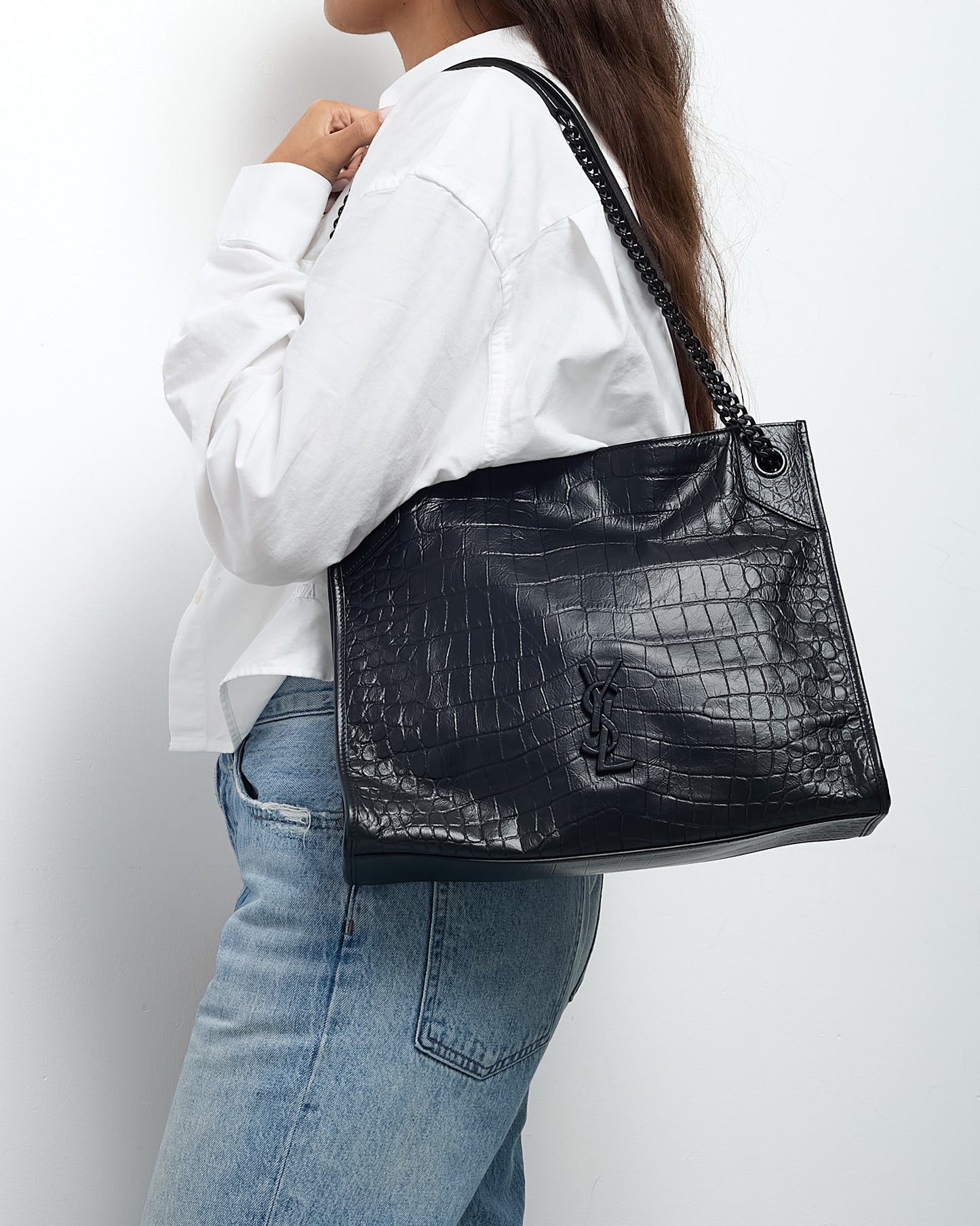 Saint Laurent Black Crinkled Leather Medium YSL Niki Shopper Tote Bag