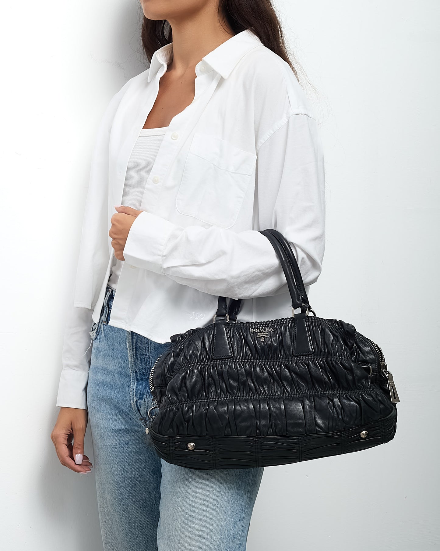 Prada Black Gaufre Nappa Leather Satchel Zip Tote Bag