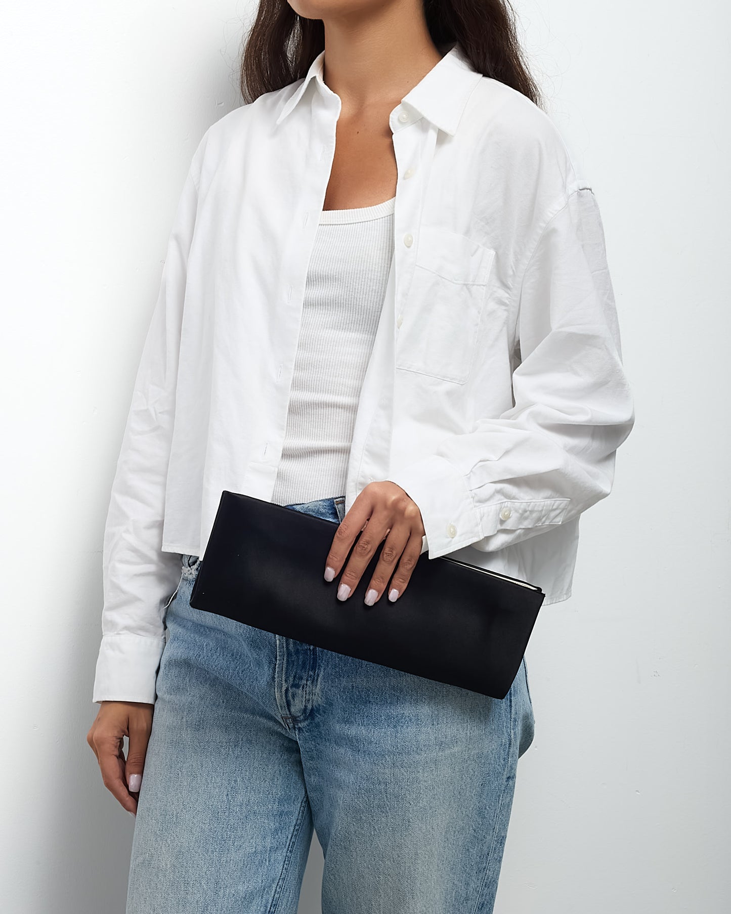 Chanel Black Satin Silver Crystal Camellia Flower Clasp Clutch