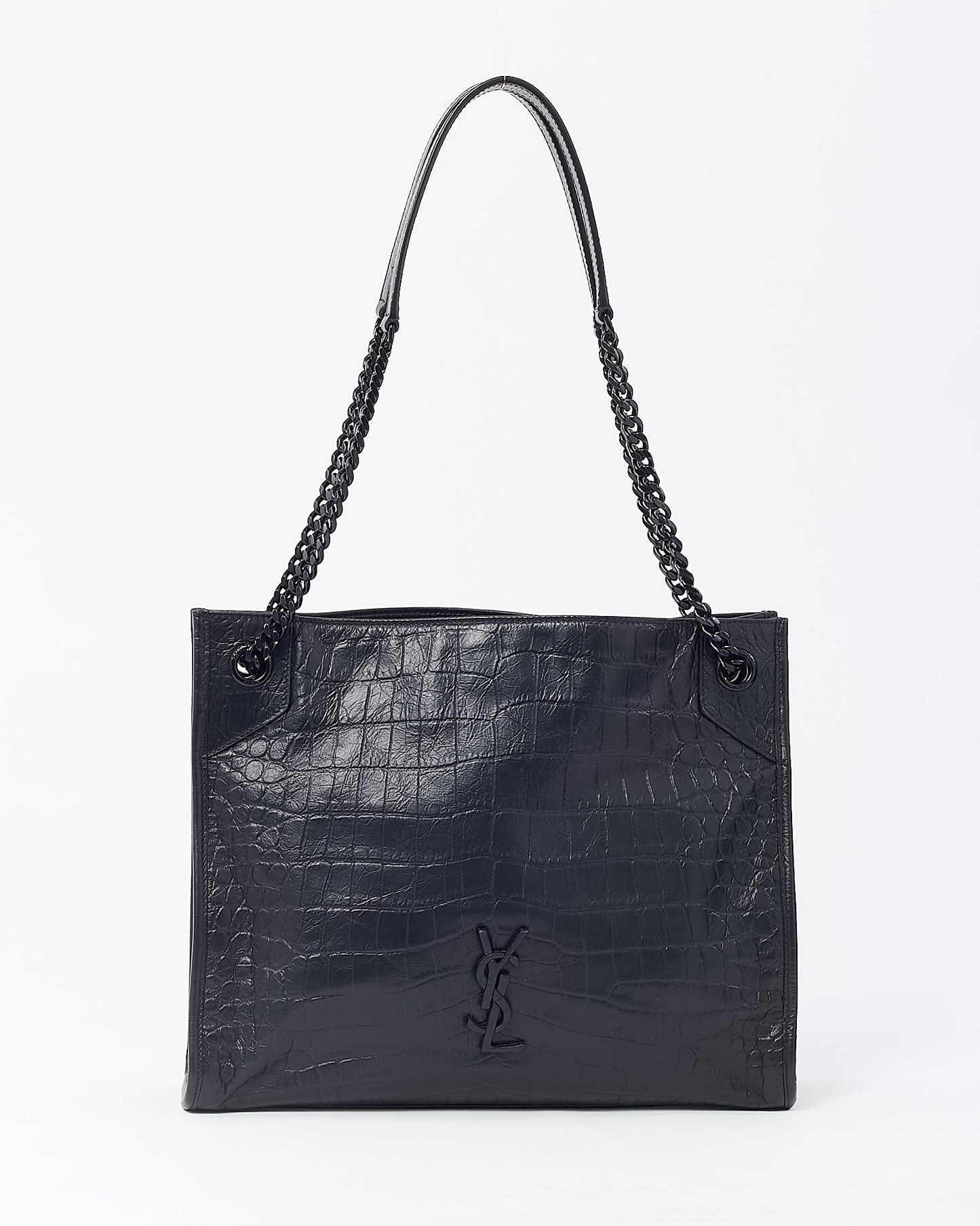 Saint Laurent Black Crinkled Leather Medium YSL Niki Shopper Tote Bag