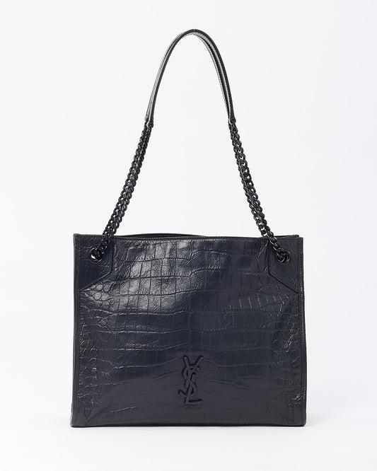 Saint Laurent Black Crinkled Leather Medium YSL Niki Shopper Tote Bag