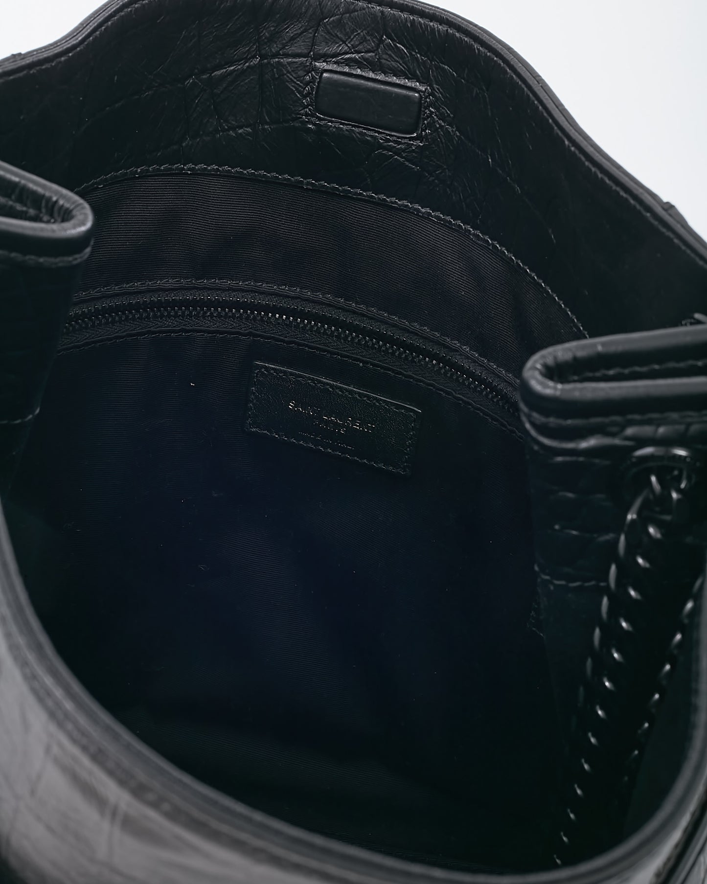 Saint Laurent Black Crinkled Leather Medium YSL Niki Shopper Tote Bag