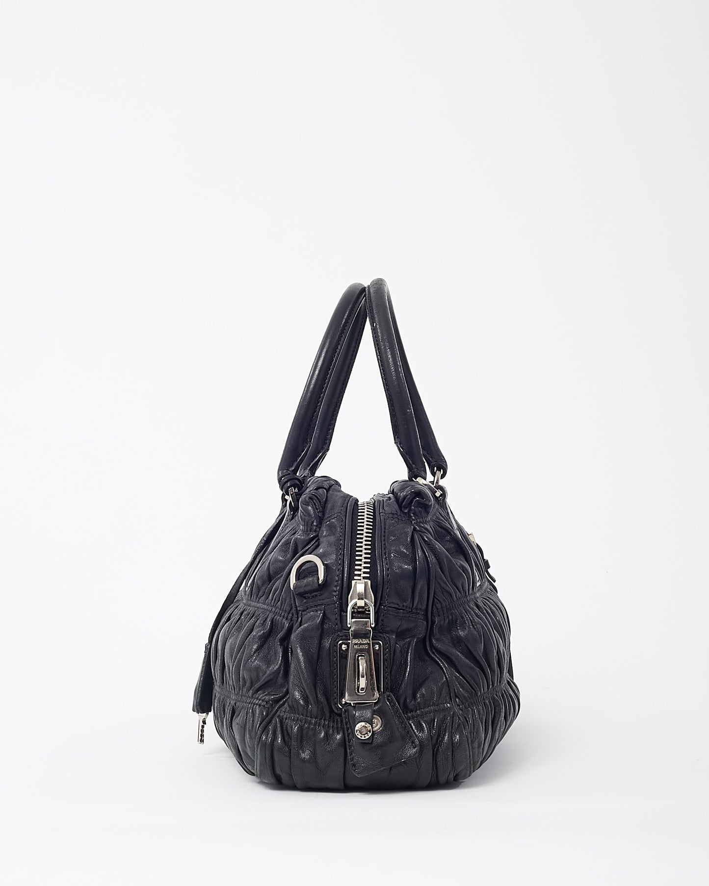 Prada Black Gaufre Nappa Leather Satchel Zip Tote Bag