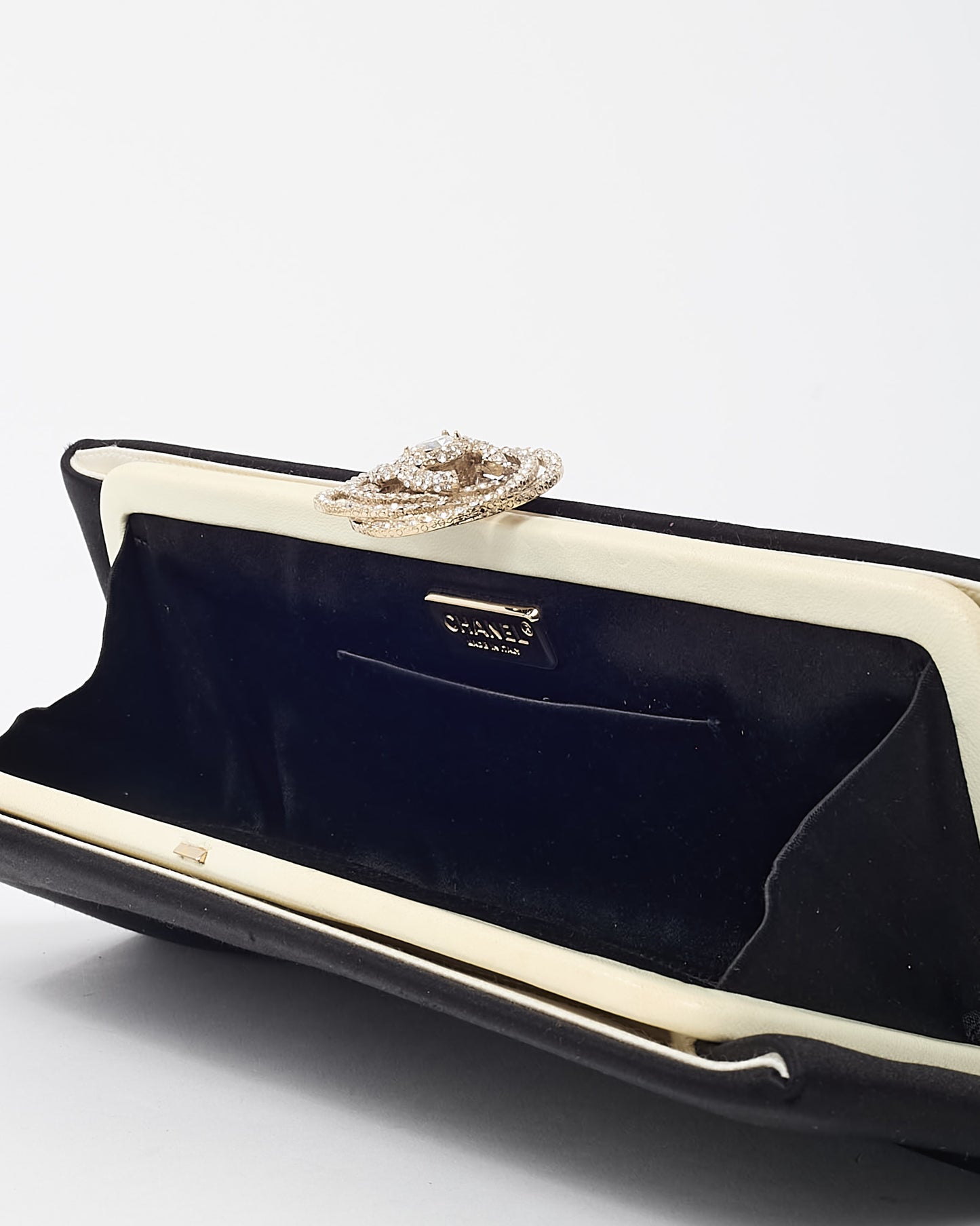 Chanel Black Satin Silver Crystal Camellia Flower Clasp Clutch